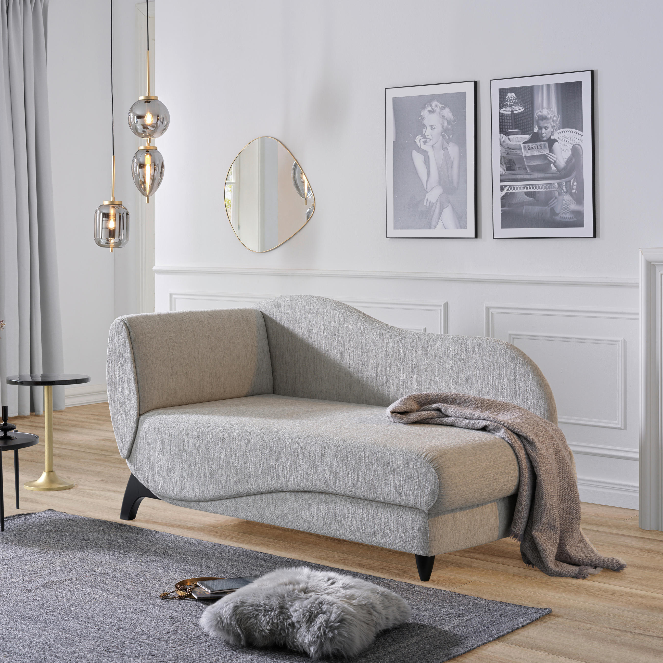 RÉCAMIERE Hellgrau Webstoff  - Hellgrau/Schwarz, MODERN, Holz/Textil (84/87/171-190cm) - Joka