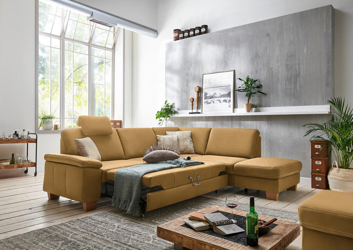 ECKSOFA  in Echtleder Currygelb  274/235 cm  - Currygelb/Eichefarben, KONVENTIONELL, Leder/Holzwerkstoff (274/235cm) - Beldomo Premium