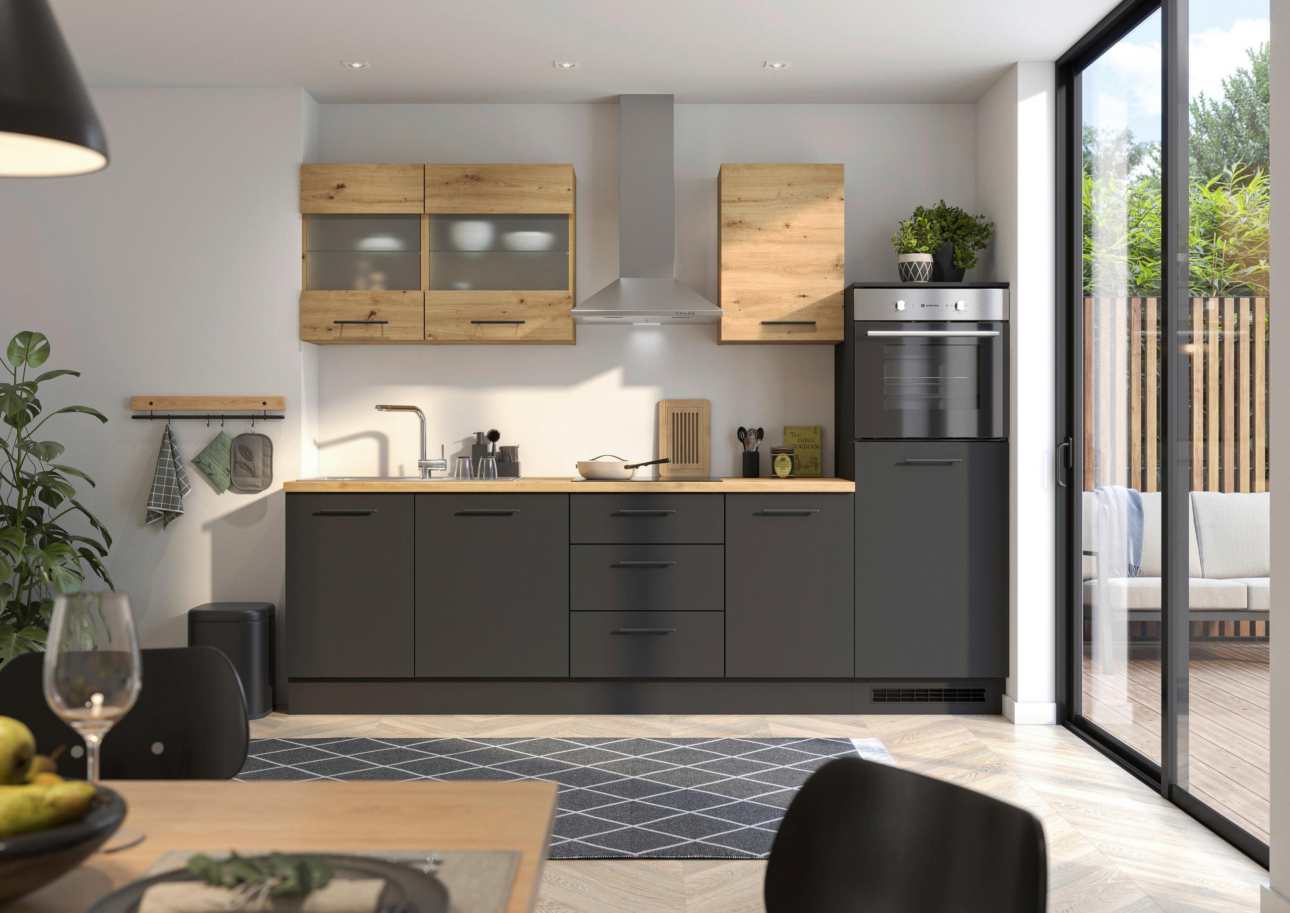 P & B Küchenblock Capri Schwarz, Eiche Artisan 280 cm