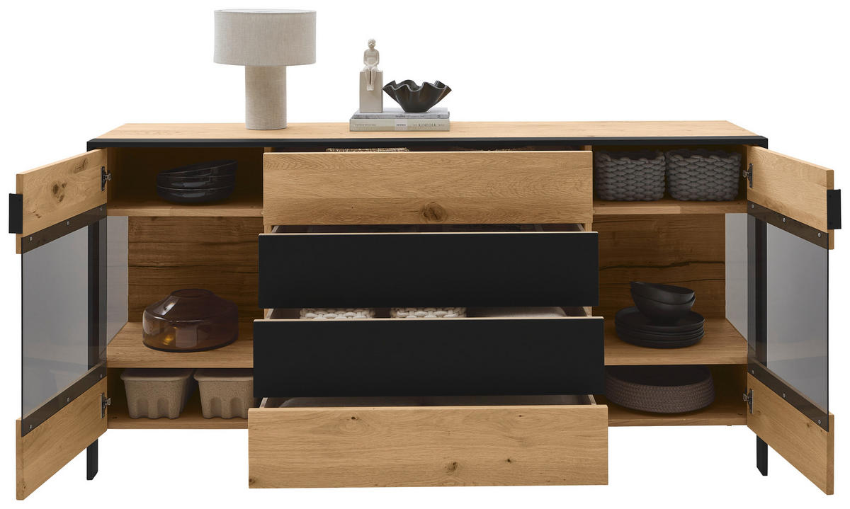 SIDEBOARD Graphitfarben, Eichefarben  184/91,4/44,6 cm  - Eichefarben/Graphitfarben, Natur, Glas/Holz (184/91,4/44,6cm) - Valdera