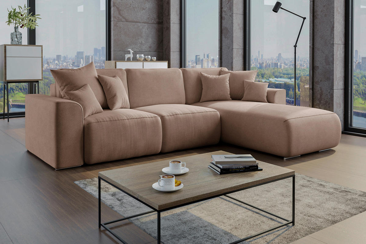 ECKSOFA Cappuccino Lederlook Zierkissen, Rückenkissen, Bettkasten, Schlaffunktion, Rücken echt, Liegefläche im Originalstoff  - Chromfarben/Cappuccino, KONVENTIONELL, Kunststoff/Textil (293/195cm) - Carryhome