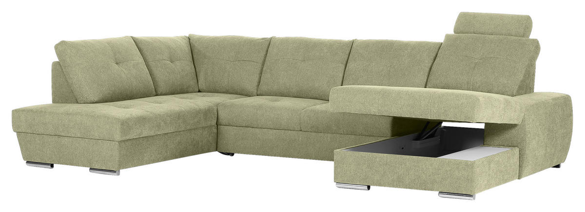 WOHNLANDSCHAFT in Flachgewebe Hellgrün  - Chromfarben/Hellgrün, Konventionell, Kunststoff/Textil (217/338/180cm) - Hom`in