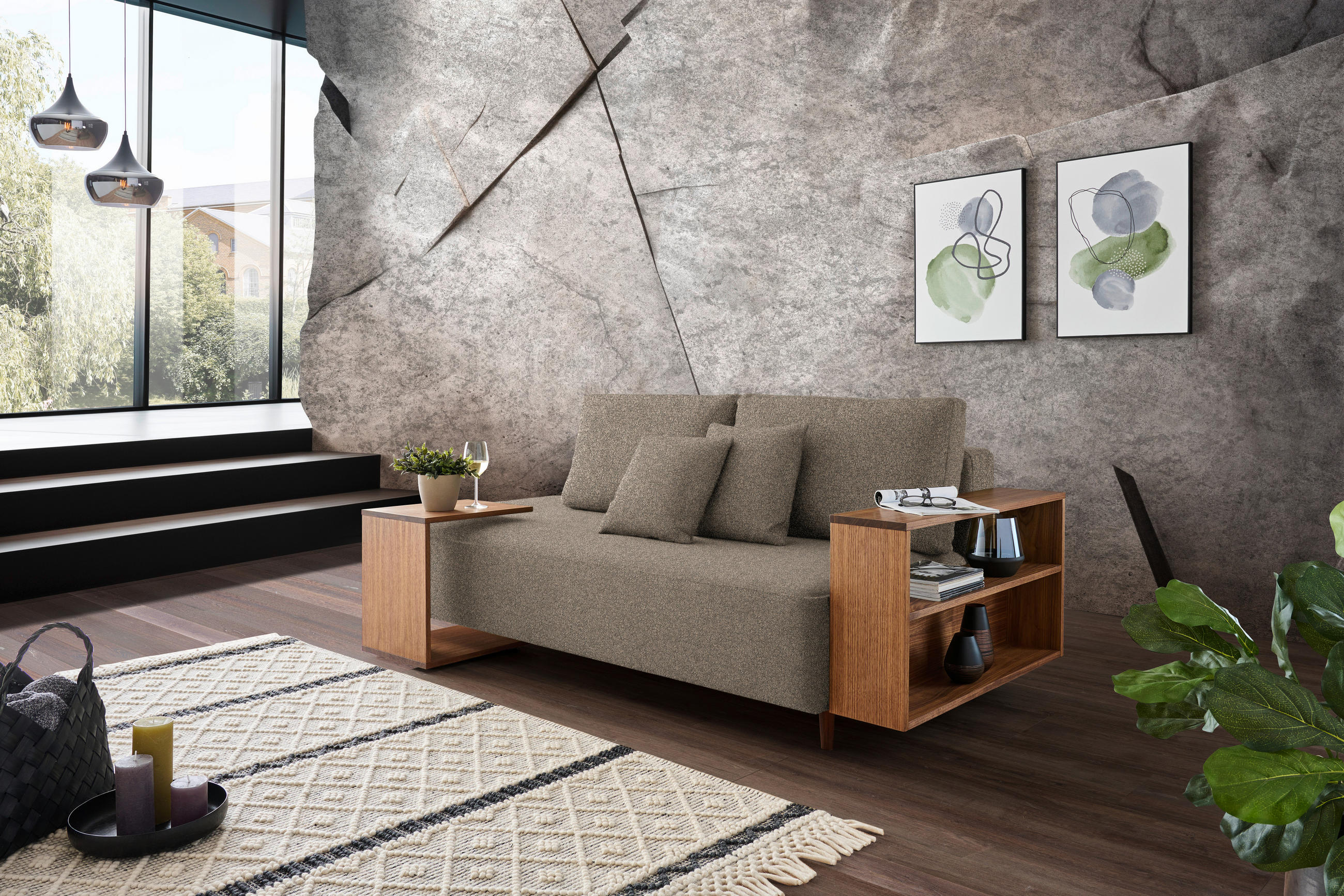 SCHLAFSOFA in Textil Greige  - Greige/Nussbaumfarben, Natur, Holz/Textil (228/90/100cm) - Joka
