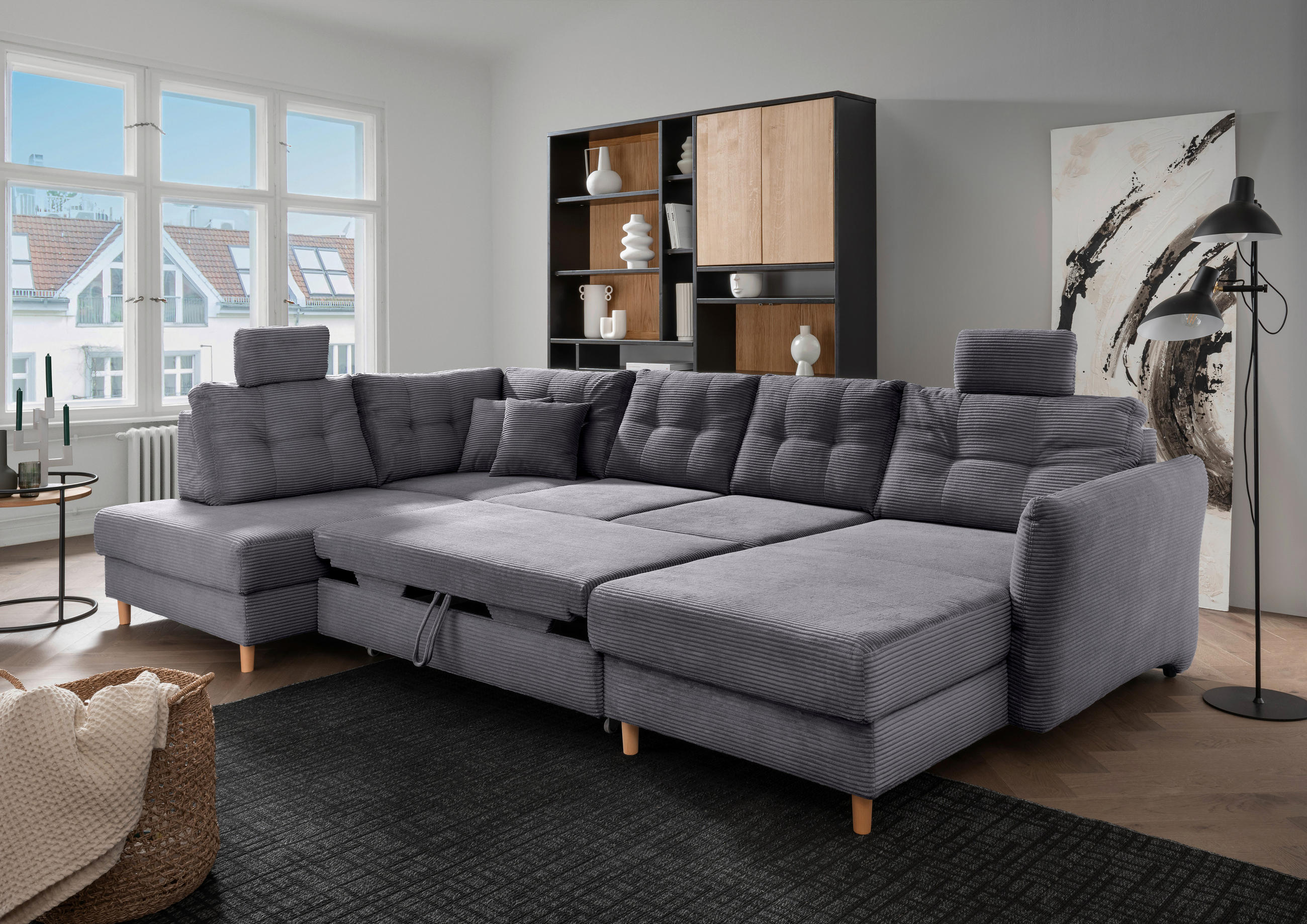 WOHNLANDSCHAFT in Cord Grau - Naturfarben/Grau, Modern, Holz/Textil (206/338-352/176cm) - Livetastic