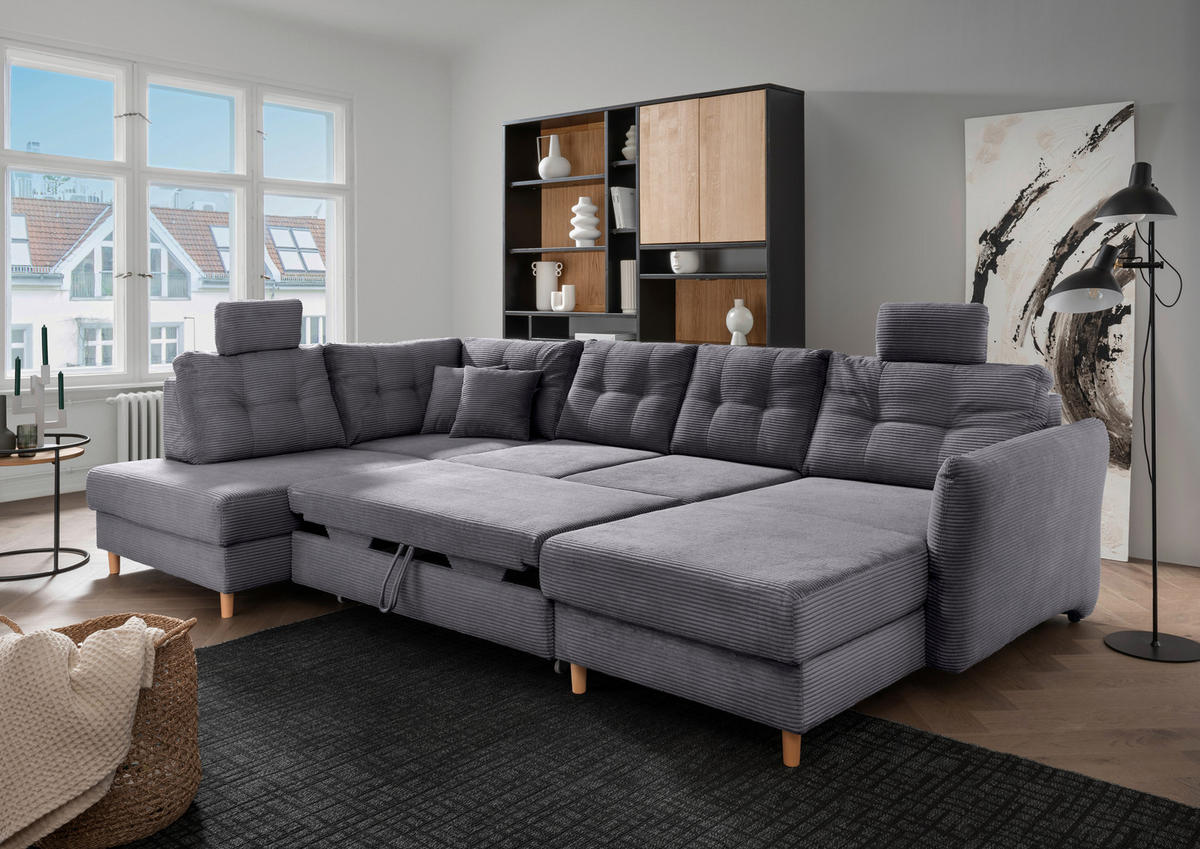 WOHNLANDSCHAFT in Cord Grau  - Naturfarben/Grau, Modern, Holz/Textil (206/338-352/176cm) - Livetastic