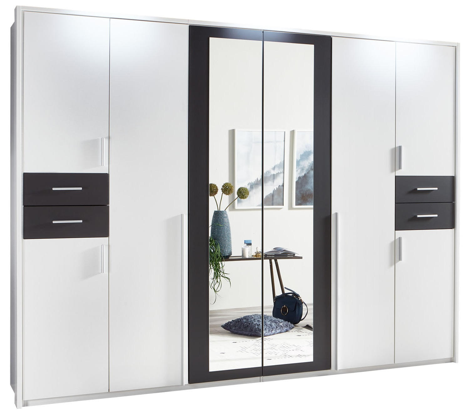 KLEIDERSCHRANK 8-türig Graphitfarben, Weiß - Silberfarben/Graphitfarben, Basics, Holzwerkstoff/Kunststoff (270/208/58cm) - MID.YOU