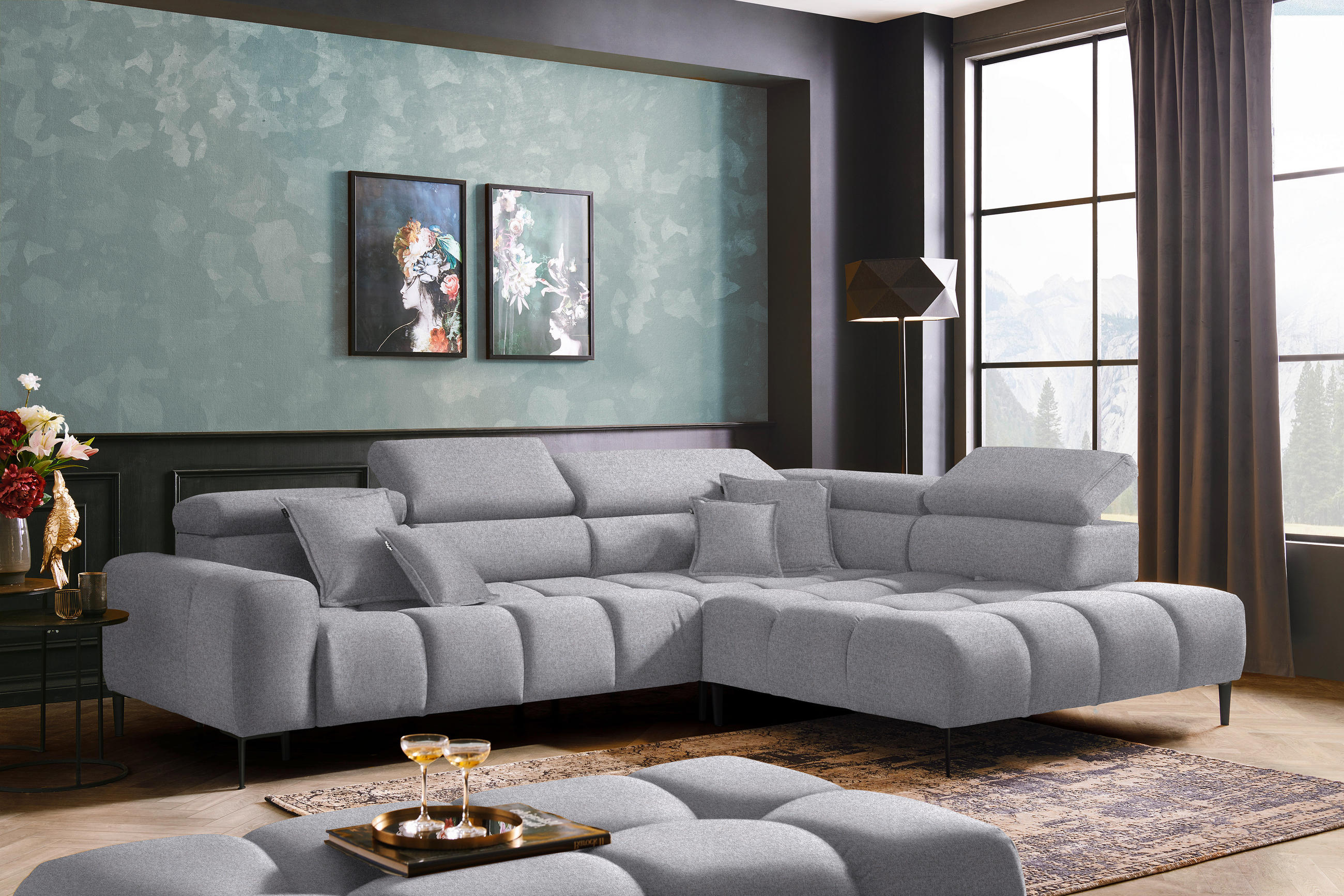 ECKSOFA in Webstoff Grau  - Schwarz/Grau, Design, Textil/Metall (300/216cm) - Welnova
