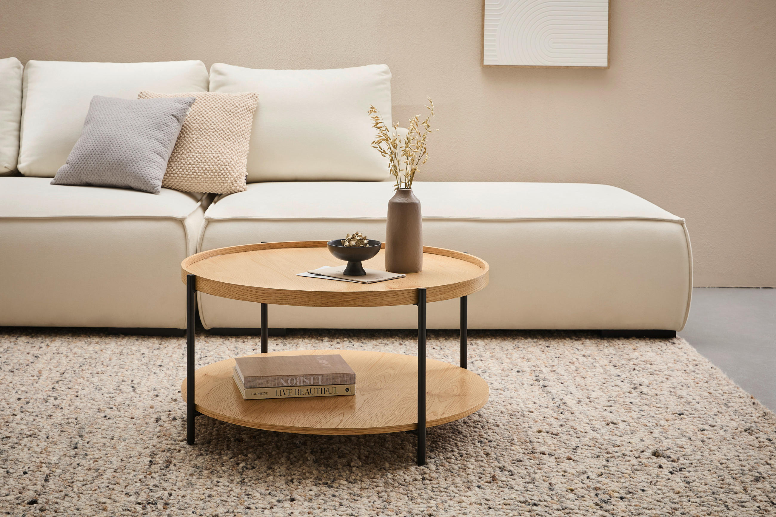 COUCHTISCH Eiche furniert 84/84/38 cm rund Schwarz, Eichefarben  - Eichefarben/Schwarz, Natur, Holz/Holzwerkstoff (84/84/38cm) - Stylife