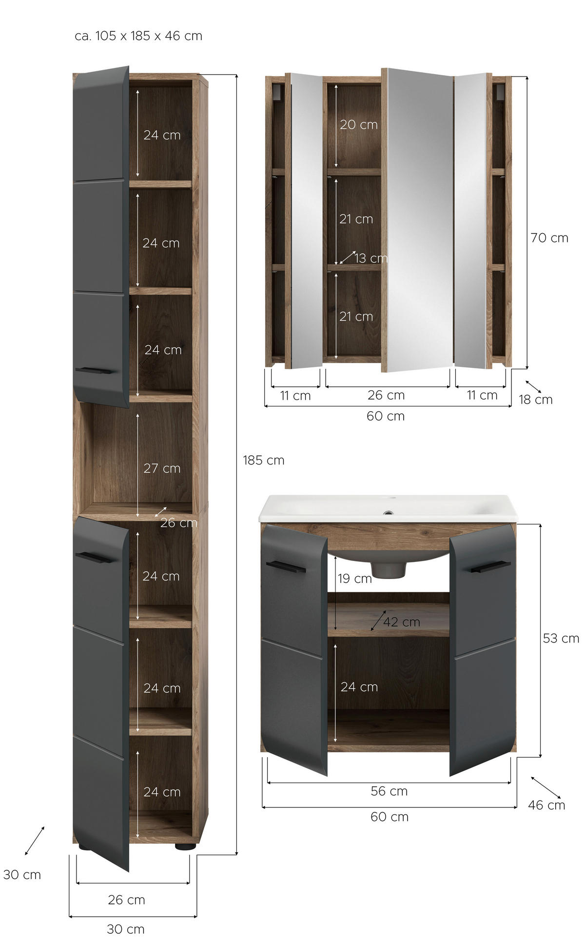 BADEZIMMER 3-teilig  in 90 cm  - Eiche dunkel/Schwarz, Basics, Holzwerkstoff/Kunststoff (90cm) - MID.YOU