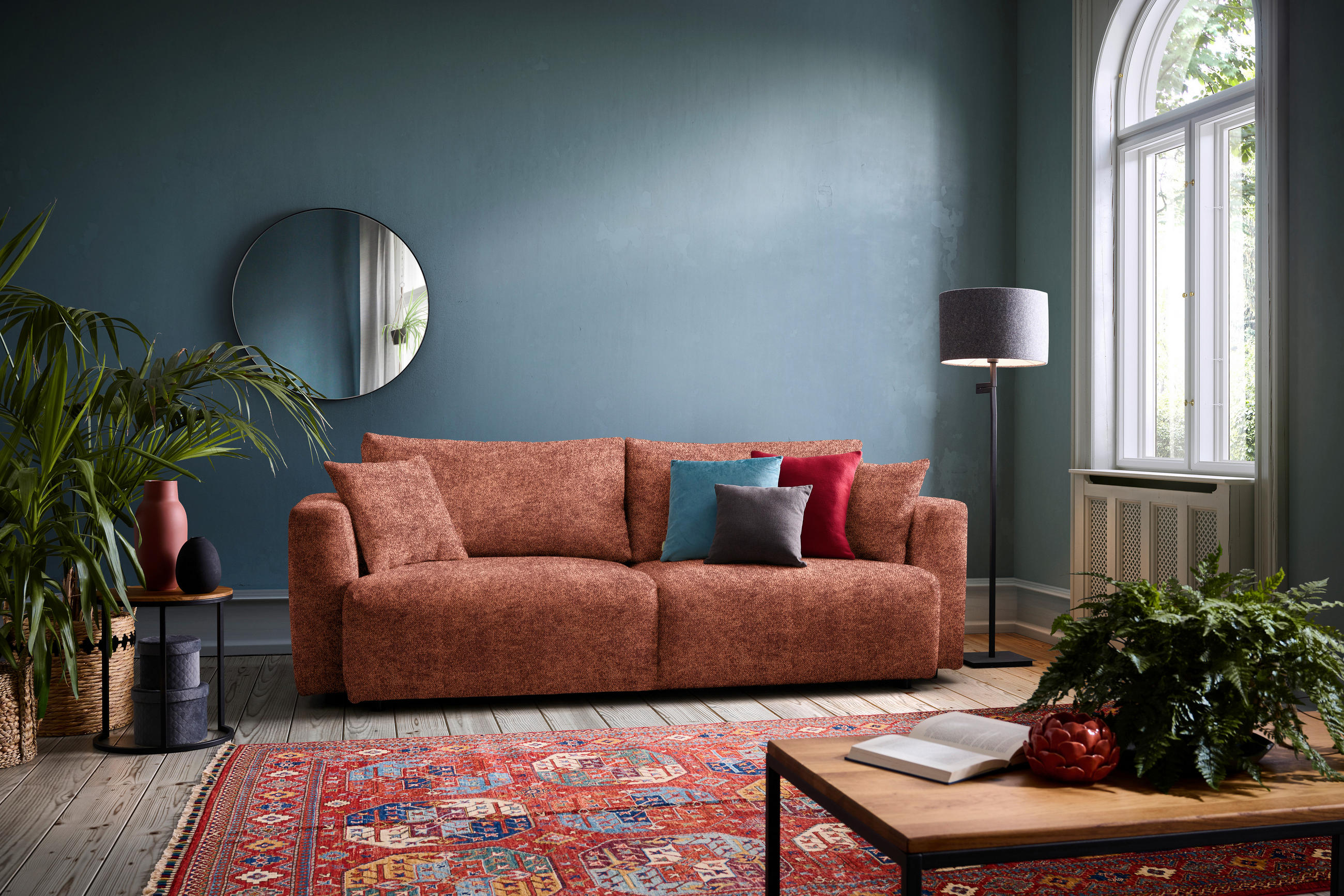 SCHLAFSOFA  mit Stoffauswahl, Schlafen auf Sitzhöhe, Rücken echt Velours Rostfarben  - Rostfarben/Schwarz, Design, Kunststoff/Textil (250/92/105cm) - Carryhome