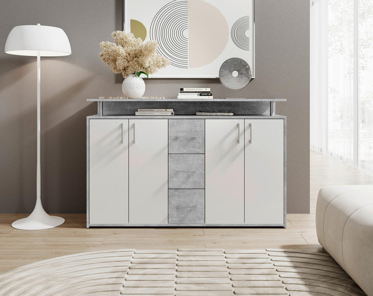 KOMODA   139/90/34 cm   siva, bijela  - bijela/srebrne boje, Design, drvni materijal/plastika (139/90/34cm) - Carryhome