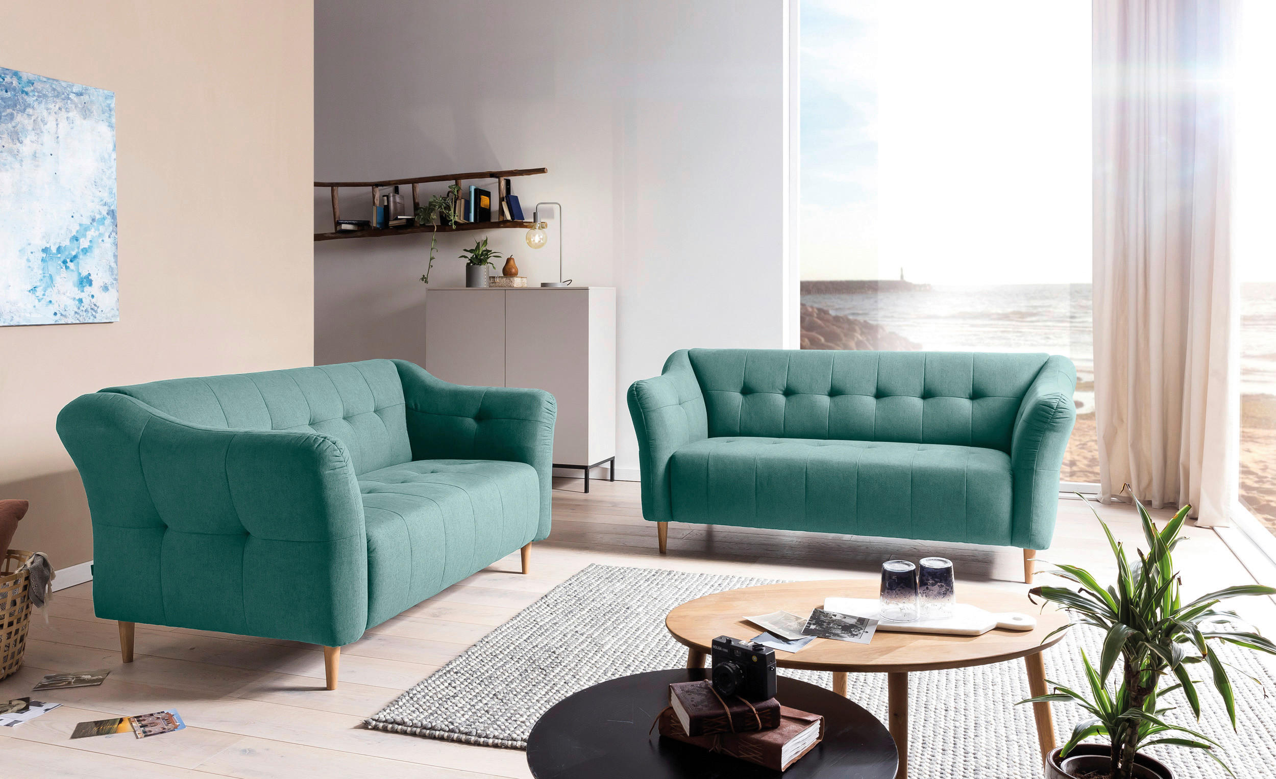 3-SITZER-SOFA in Flachgewebe Türkis - Türkis/Eichefarben, Design, Holz/Textil (183/82/90cm) - Livetastic