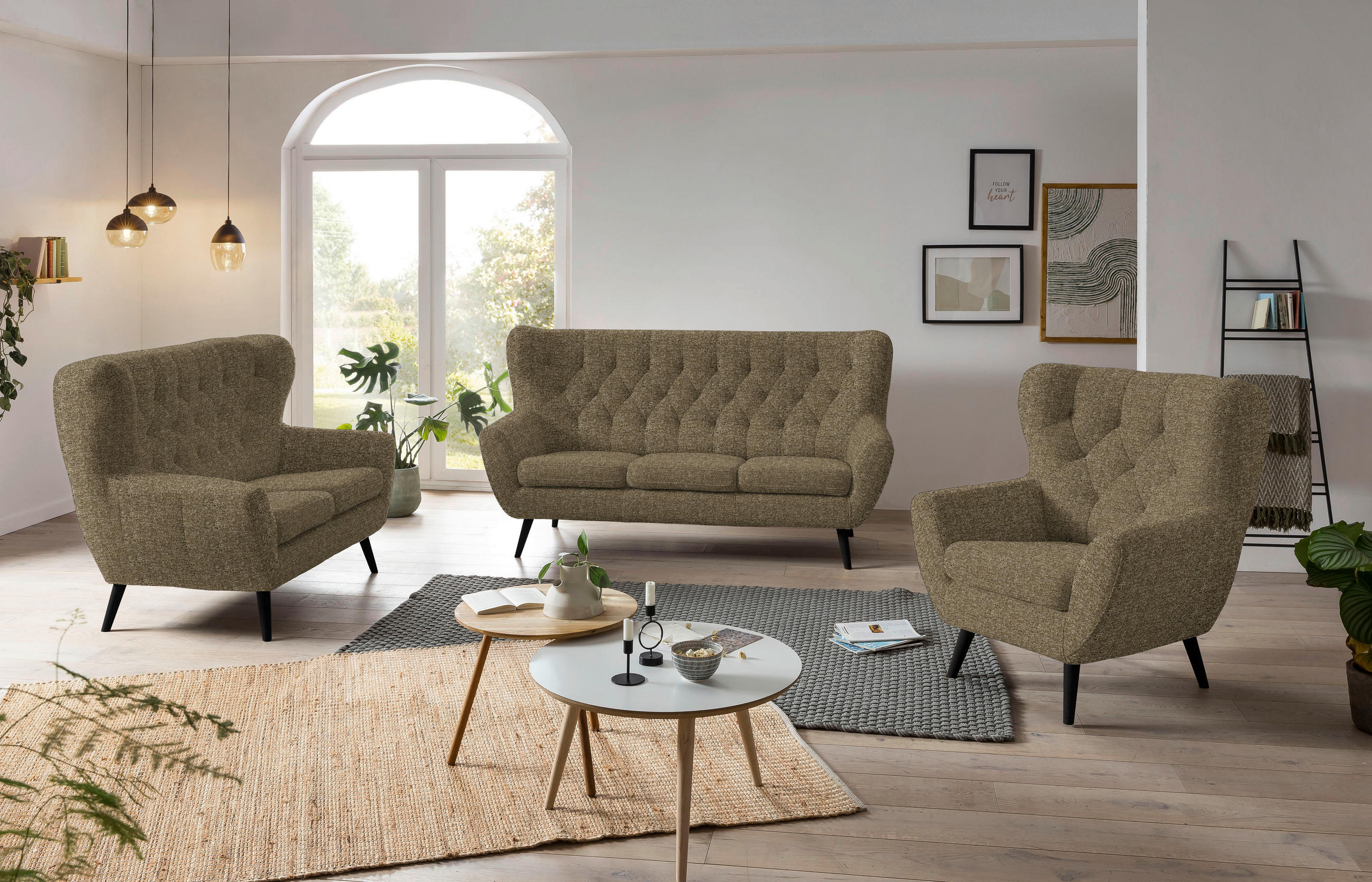 2-SITZER-SOFA in Flachgewebe Olivgrün  - Eichefarben/Beige, Design, Holz/Holzwerkstoff (138/104/92cm) - Stylife