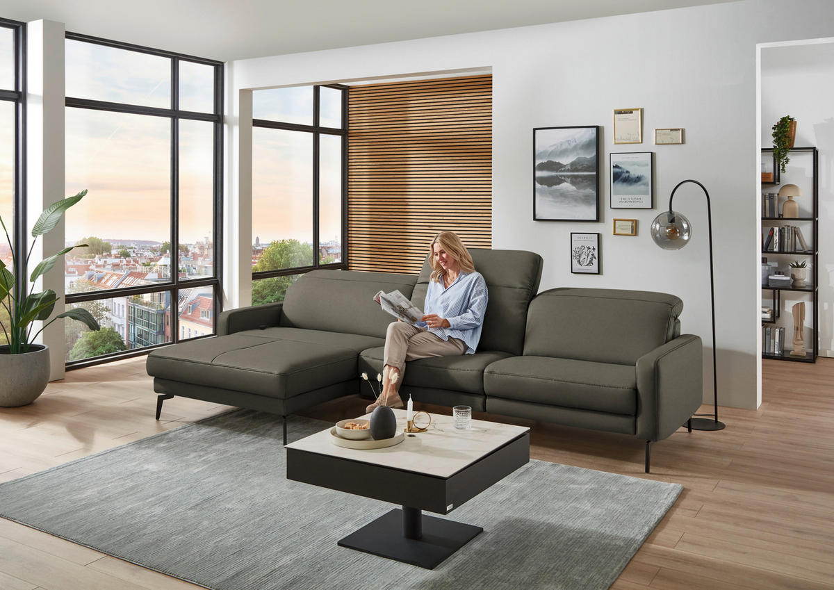 ECKSOFA  Echtleder Graubraun  - Graubraun/Schwarz, Design, Leder/Metall (179/323cm) - Dieter Knoll