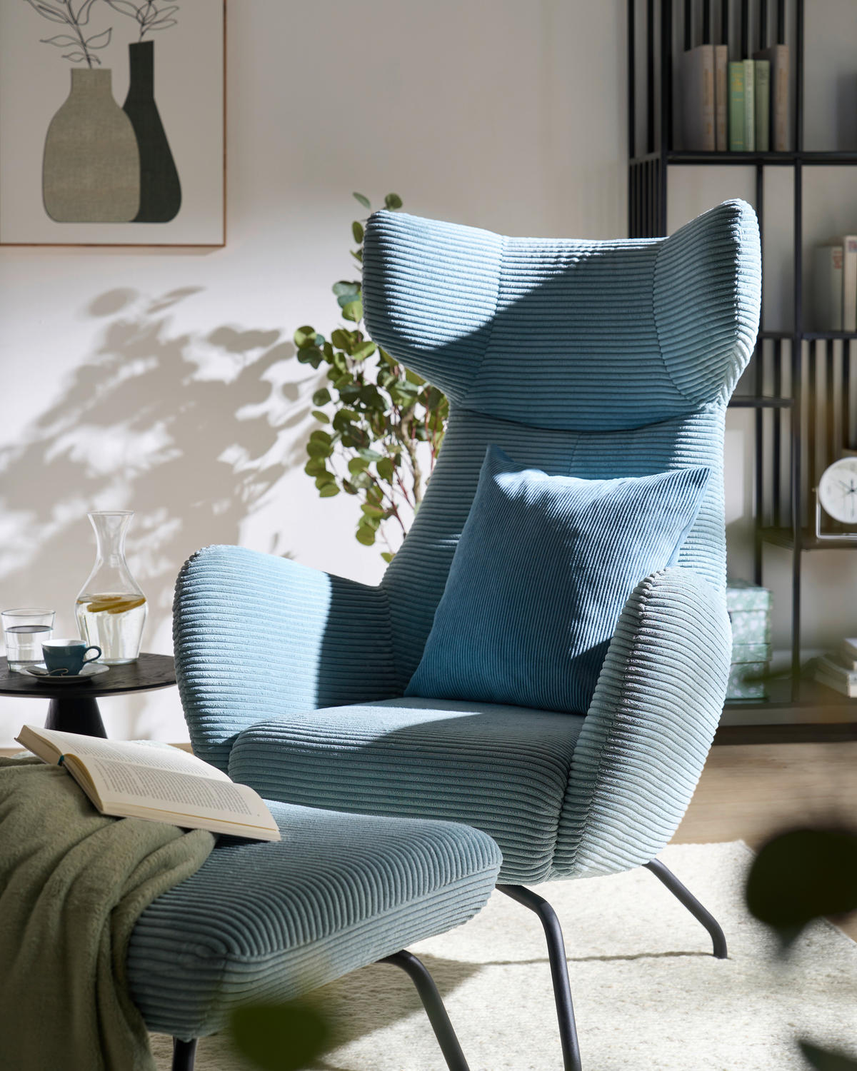 OHRENSESSEL in Cord Hellblau  - Schwarz/Hellblau, Design, Textil/Metall (79/117/82cm) - Lomoco