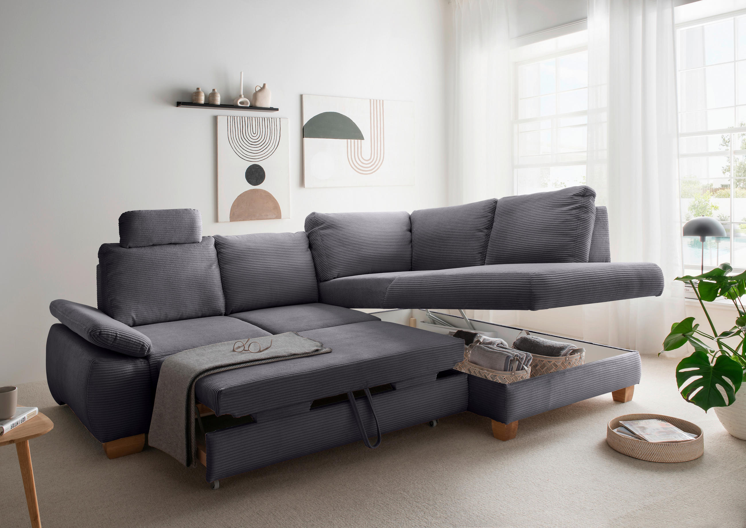 ECKSCHLAFSOFA in Cord Grau  - Wildeiche/Grau, Modern, Holz/Textil (261/206cm) - Livetastic