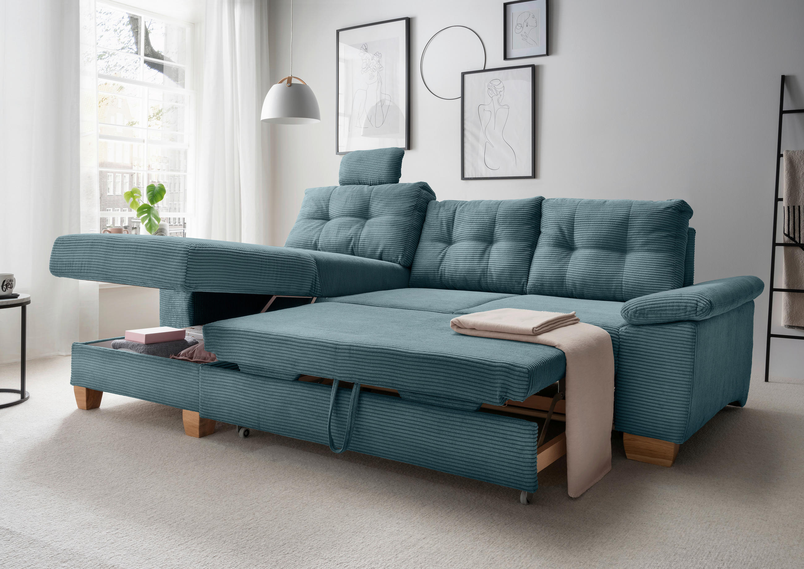 ECKSOFA in Cord Petrol  - Petrol/Naturfarben, Modern, Holz/Textil (176/270cm) - Livetastic