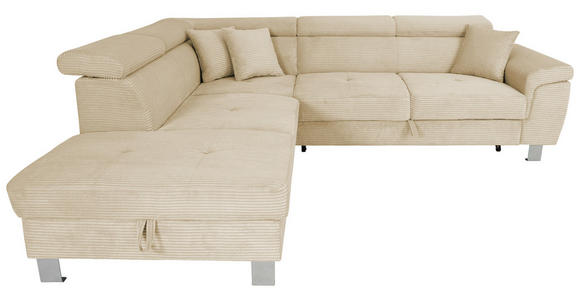 ECKSOFA inkl. Funktionen Creme Cord Zierkissen, Bettkasten, Schlaffunktion, Kopfstütze, Kopfteilverstellung  - Silberfarben/Creme, Design, Textil/Metall (226/257cm) - Xora