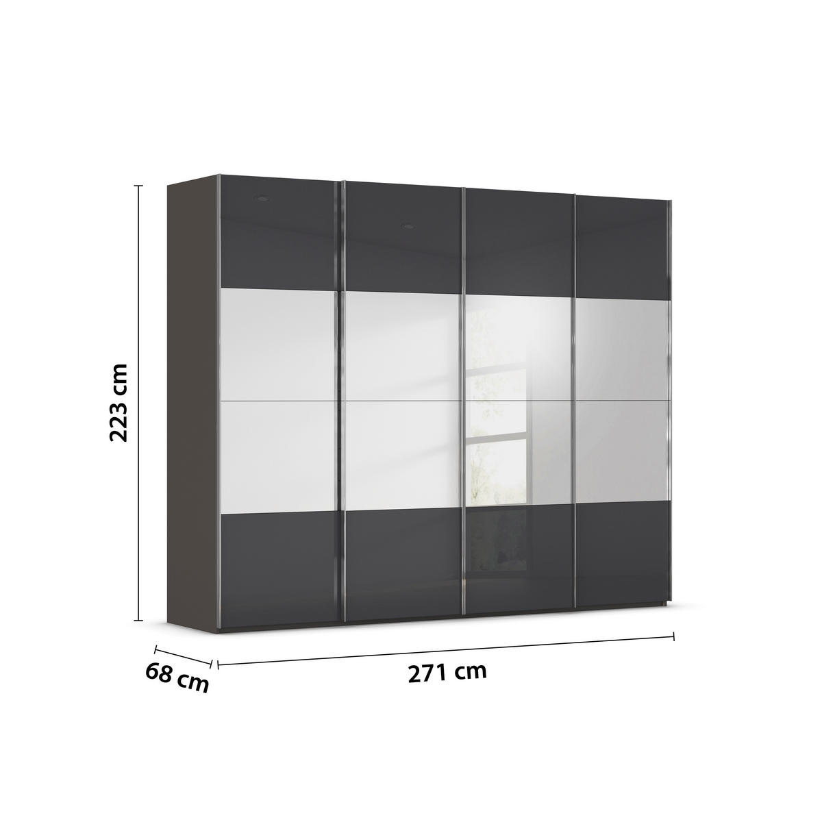SCHWEBETÜRENSCHRANK 271/223/68 cm 4-türig Graphitfarben, Schwarz  - Chromfarben/Graphitfarben, Design, Glas/Holzwerkstoff (271/223/68cm) - Novel