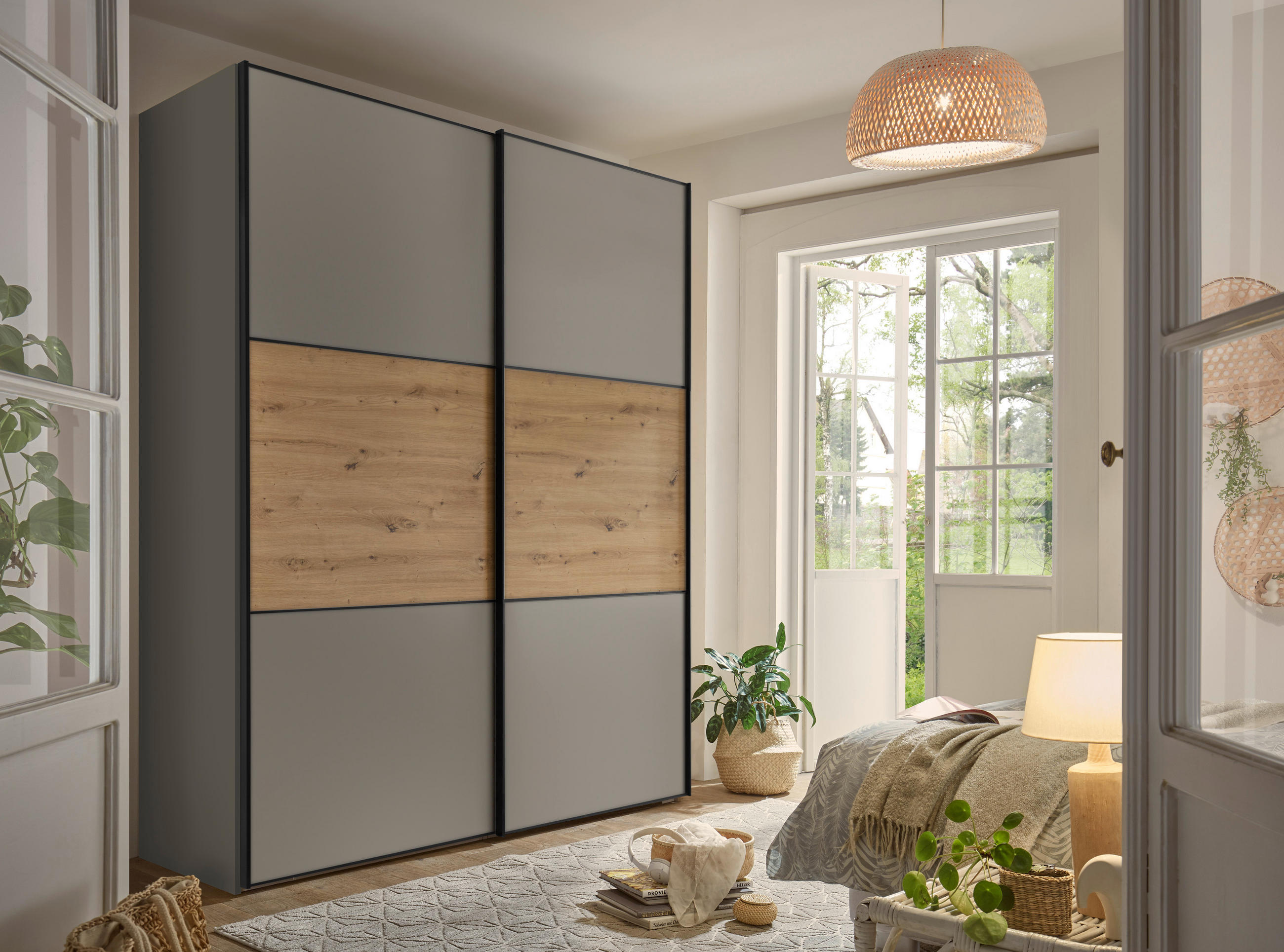 SCHWEBETÜRENSCHRANK 167/222/68 cm 2-türig Hellgrau, Eiche Artisan  - Hellgrau/Schwarz, Holzwerkstoff/Metall (167/222/68cm) - Moderano
