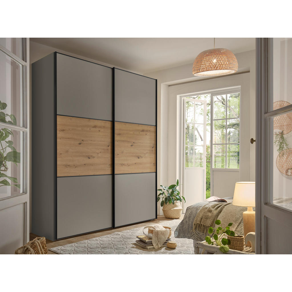 Thumbnail - Moderano Schwebetürenschrank, Hellgrau, Eiche Artisan, Holzwerkstoff, 4 Fächer, 2 Schubladen, 225x222x68 cm, Goldenes M,...