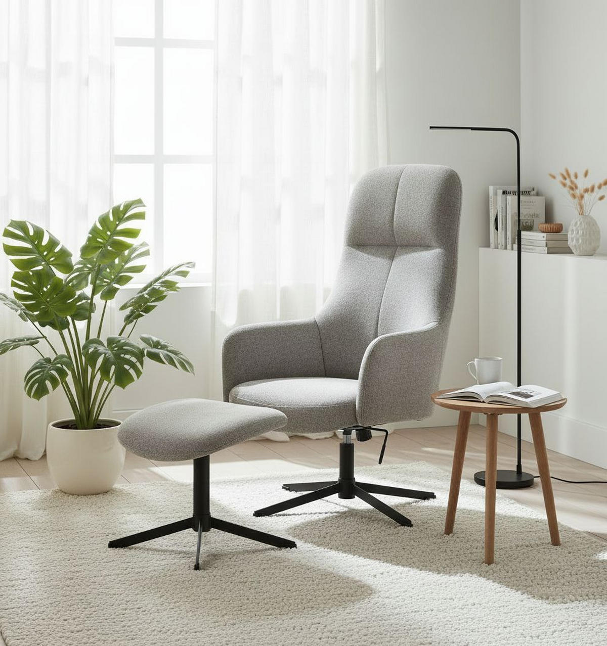 RELAXSESSELSET MANNING RECLINER & FOOTSTOOL NATURAL Chenille    - Schwarz/Grau, MODERN, Textil/Metall (67/116,5/78cm) - Livetastic