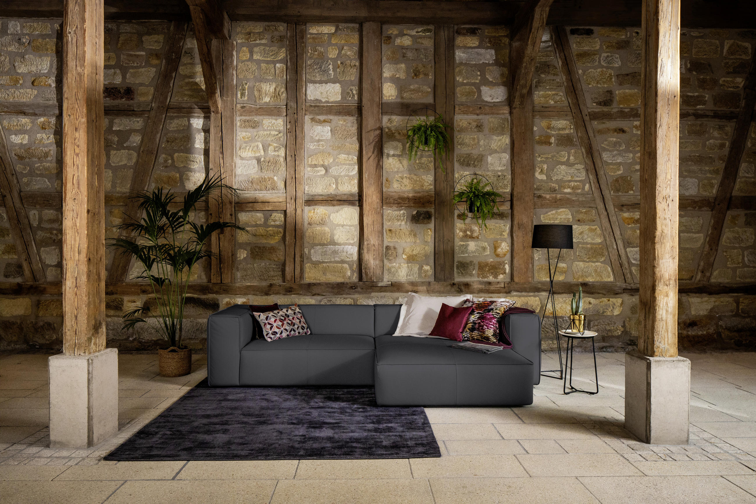 ECKSOFA around the block Graphitfarben Echtleder  - Schwarz/Graphitfarben, MODERN, Leder/Kunststoff (300/164cm) - Chilliano