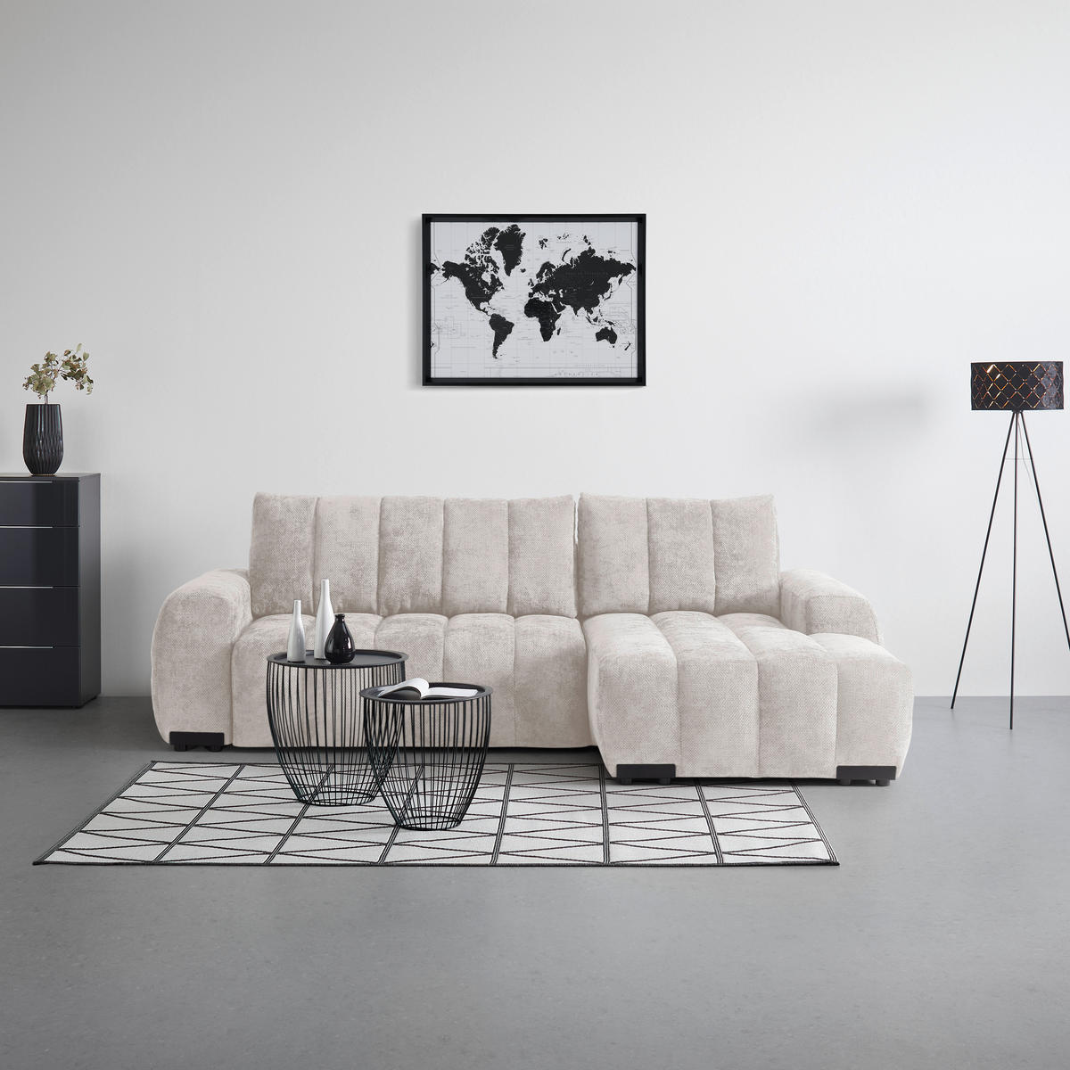 ECKSOFA Flachgewebe Creme  - Schwarz Hochglanz/Creme, Modern, Textil/Metall (273/93/166cm) - MID.YOU