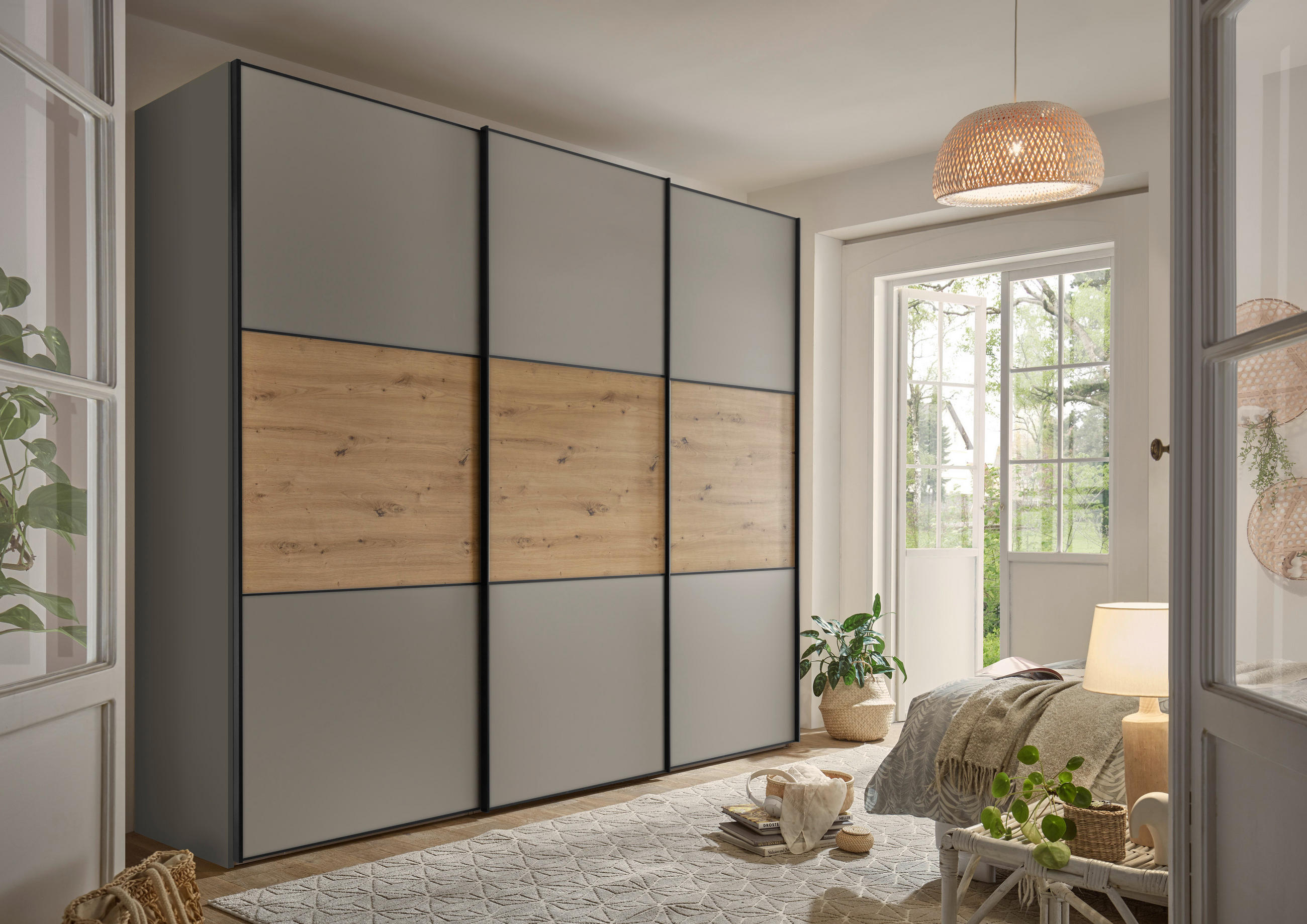 SCHWEBETÜRENSCHRANK in Hellgrau, Eiche Artisan  - Hellgrau/Schwarz, Holzwerkstoff/Metall (249/222/68cm) - Moderano