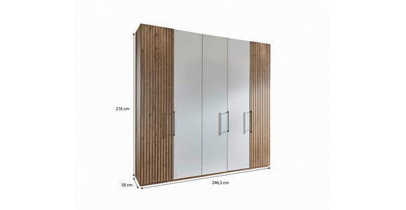 DREHTÜRENSCHRANK 250/216/58 cm 5-türig Weiß, Eiche Bianco - Schieferfarben/Eiche Bianco, Design, Glas/Holzwerkstoff (250/216/58cm) - Novel