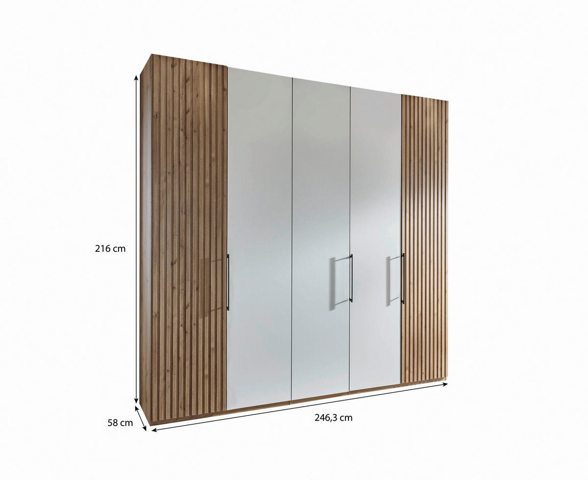 DREHTÜRENSCHRANK 250/216/58 cm 5-türig Weiß, Eiche Bianco  - Schieferfarben/Eiche Bianco, Design, Glas/Holzwerkstoff (250/216/58cm) - Novel