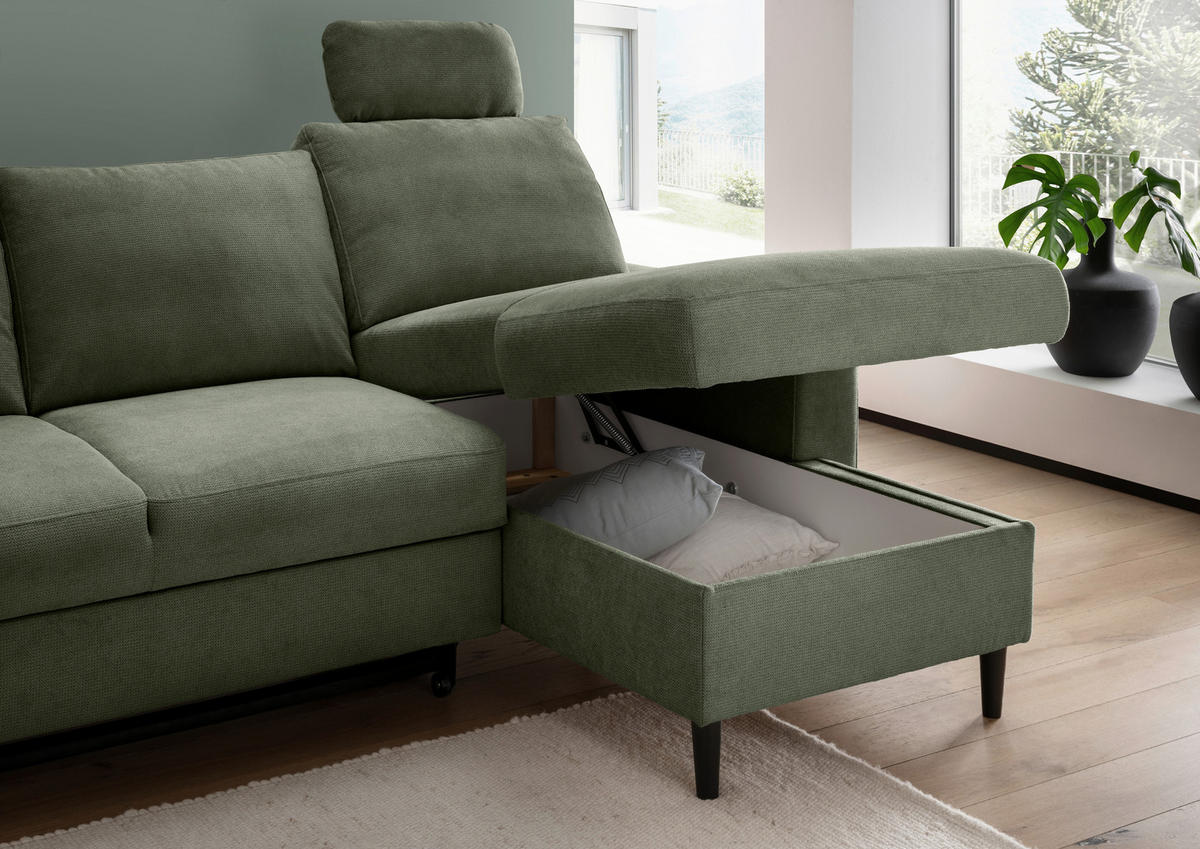 ECKSCHLAFSOFA in Chenille Dunkelgrün  - Dunkelgrün/Schwarz, Modern, Holz/Textil (234/147cm) - Livetastic