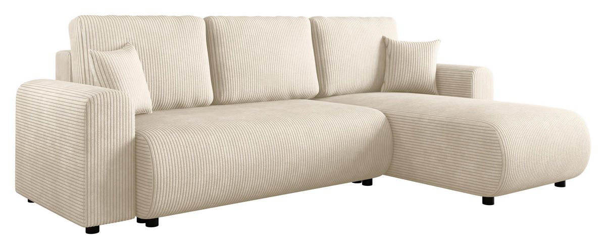 ECKSOFA Creme Cord Zierkissen, Rückenkissen, Schlaffunktion, Rücken echt, Stauraum, Liegefläche im Originalstoff  - Creme/Schwarz, KONVENTIONELL, Kunststoff/Textil (246/152cm) - Xora