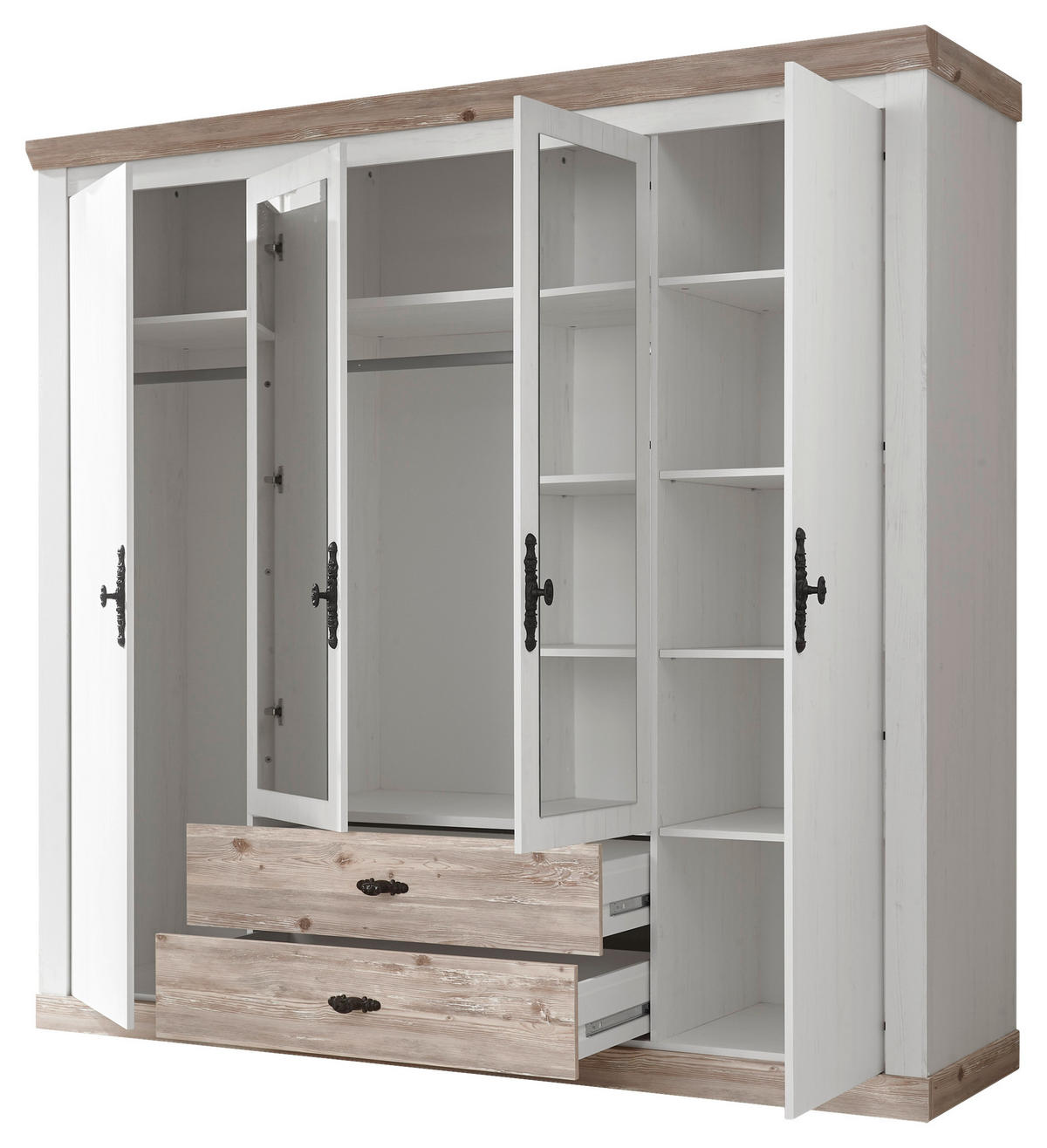 KLEIDERSCHRANK 217/201/60 cm 4-türig Pinienfarben, Hellbraun  - Hellbraun/Schwarz, Design, Holzwerkstoff/Metall (217/201/60cm) - MID.YOU