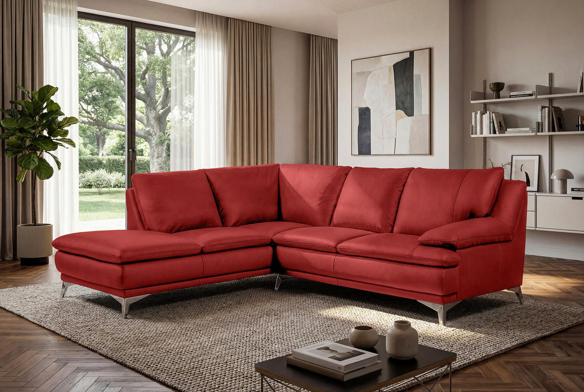 ECKSOFA Rot Echtleder  - Chromfarben/Rot, Design, Leder/Metall (224/252cm) - Novel