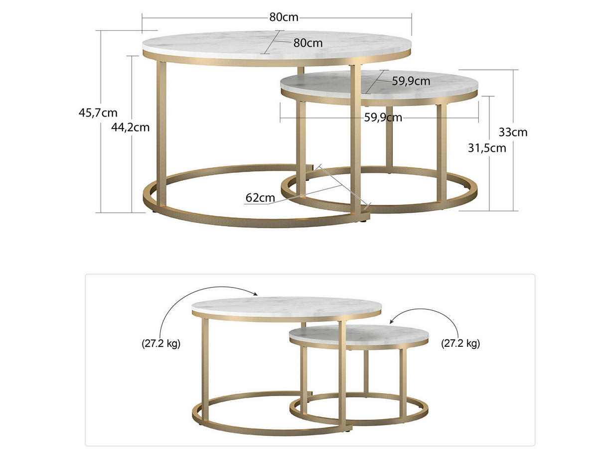 SATZTISCH in Metall, Holzwerkstoff 80/80/45 cm  - Goldfarben/Weiß, Design, Holzwerkstoff/Metall (80/80/45cm) - MID.YOU