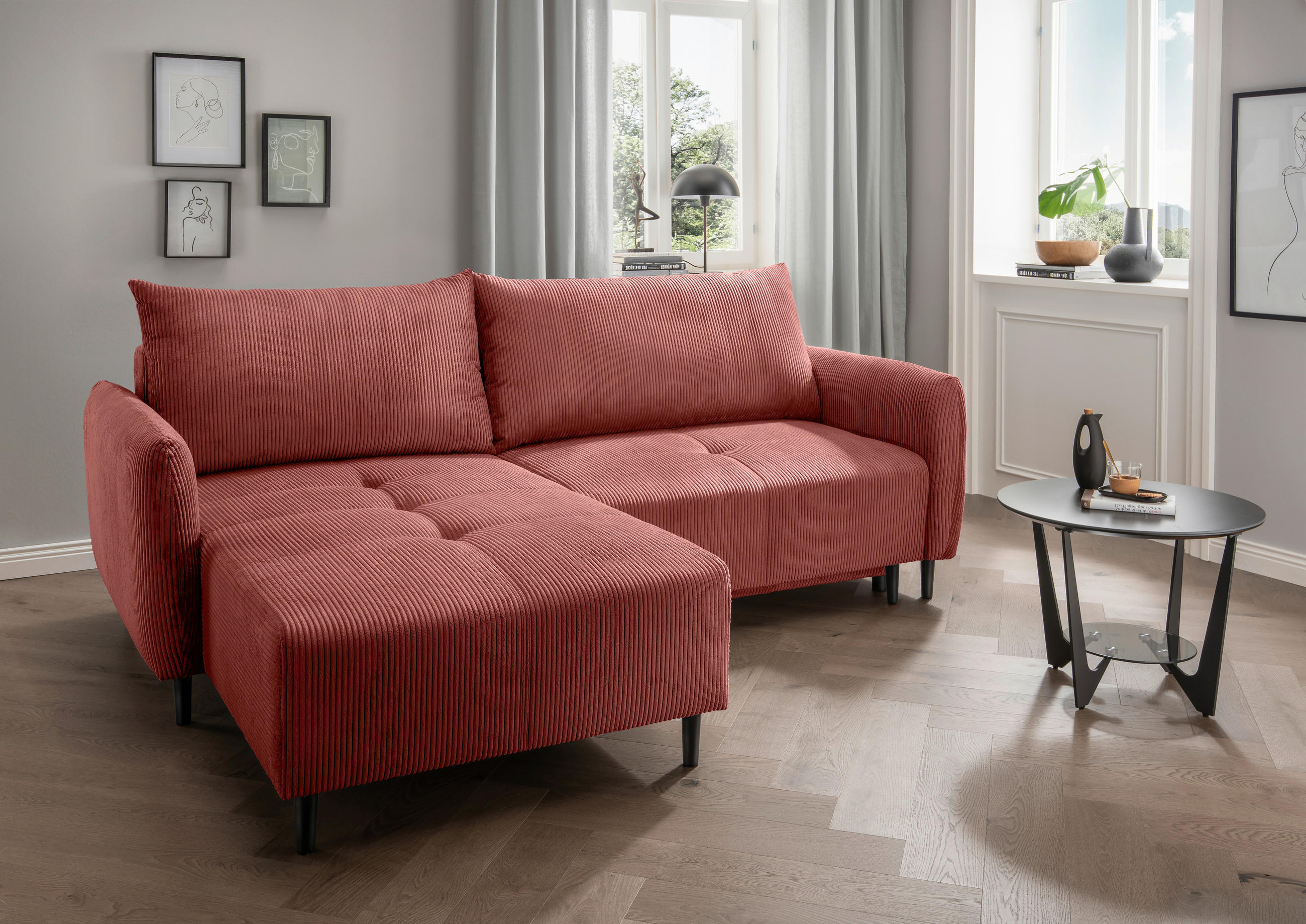 ECKSCHLAFSOFA in Cord Koralle  - Koralle/Schwarz, Basics, Holz/Textil (238/174cm) - Livetastic