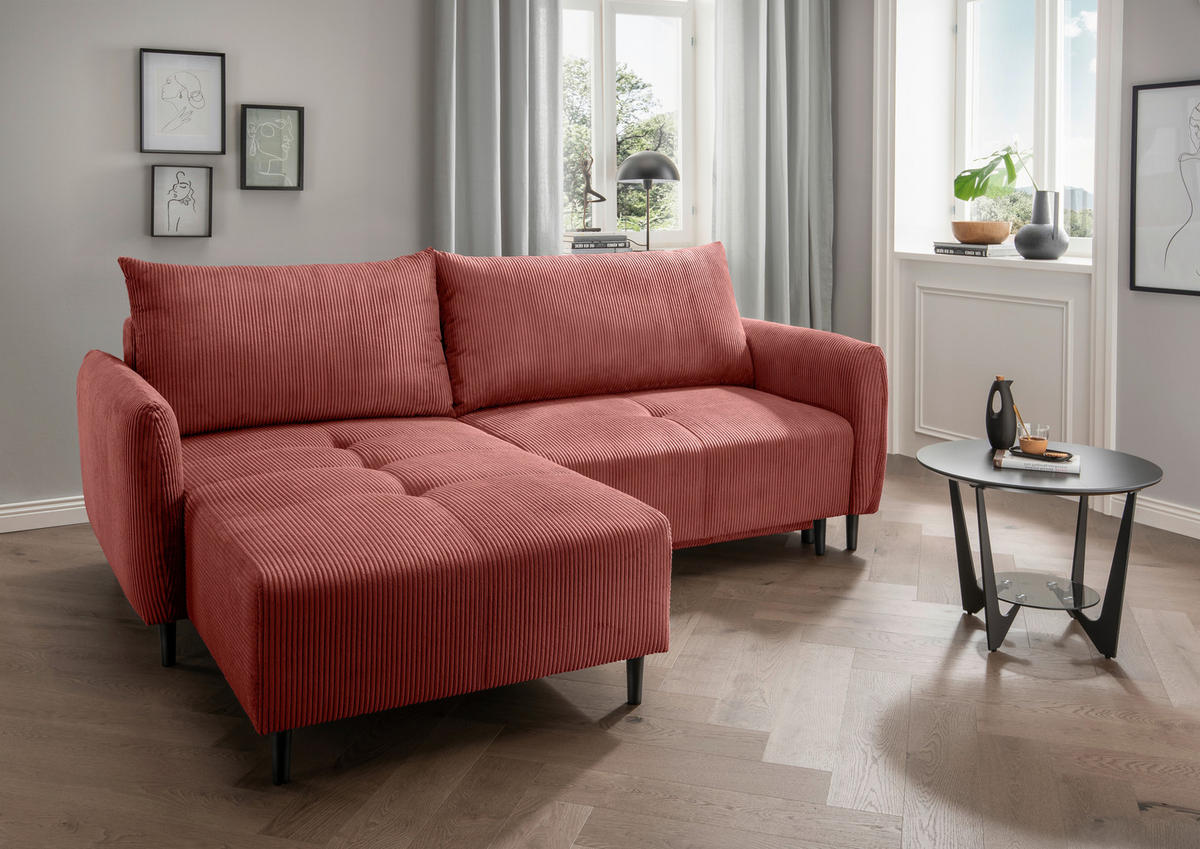 ECKSCHLAFSOFA in Cord Koralle  - Koralle/Schwarz, Basics, Holz/Textil (238/174cm) - Livetastic