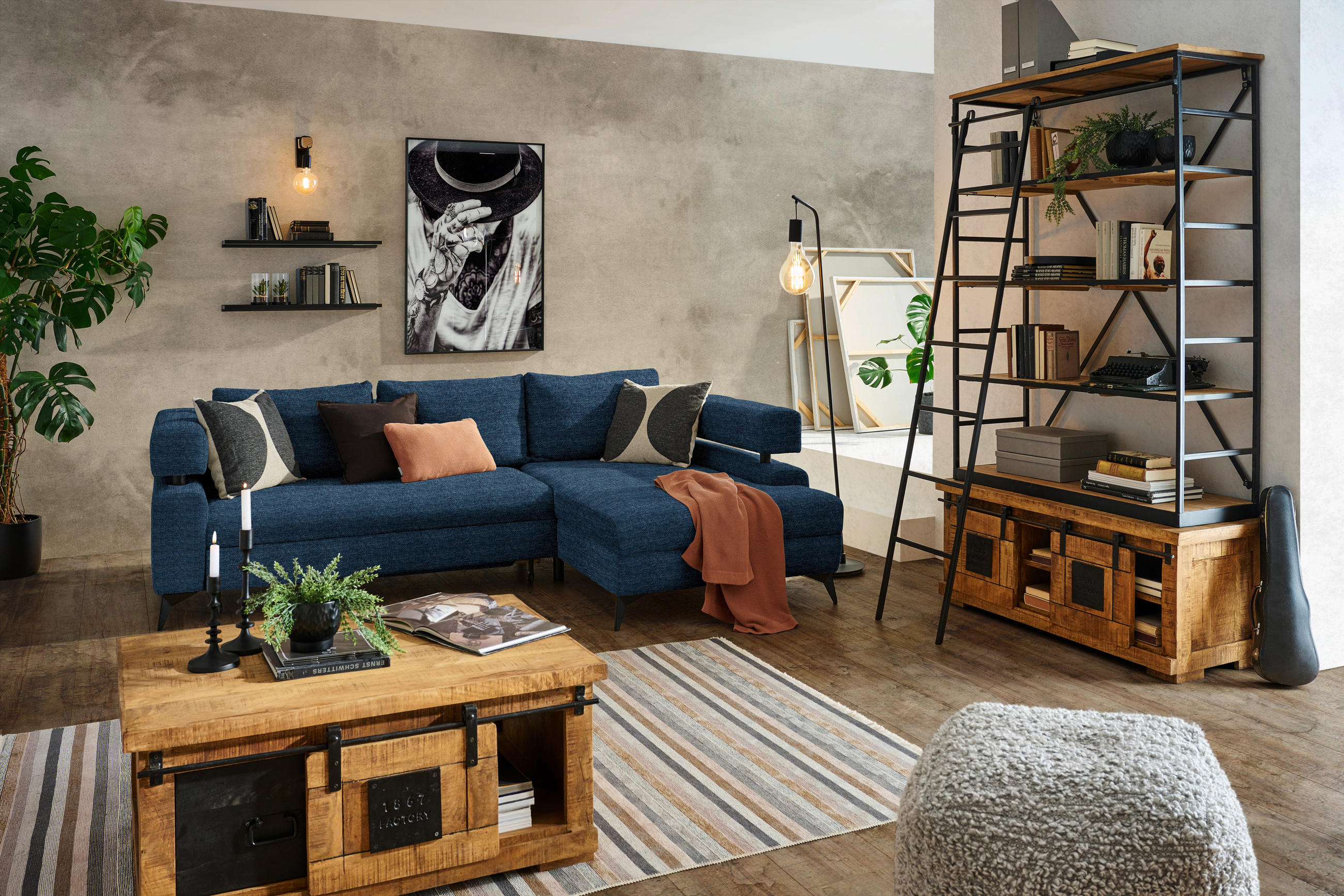 ECKSOFA in Chenille Dunkelblau  - Schwarz/Dunkelblau, Konventionell, Textil/Metall (265/184cm) - Hom`in