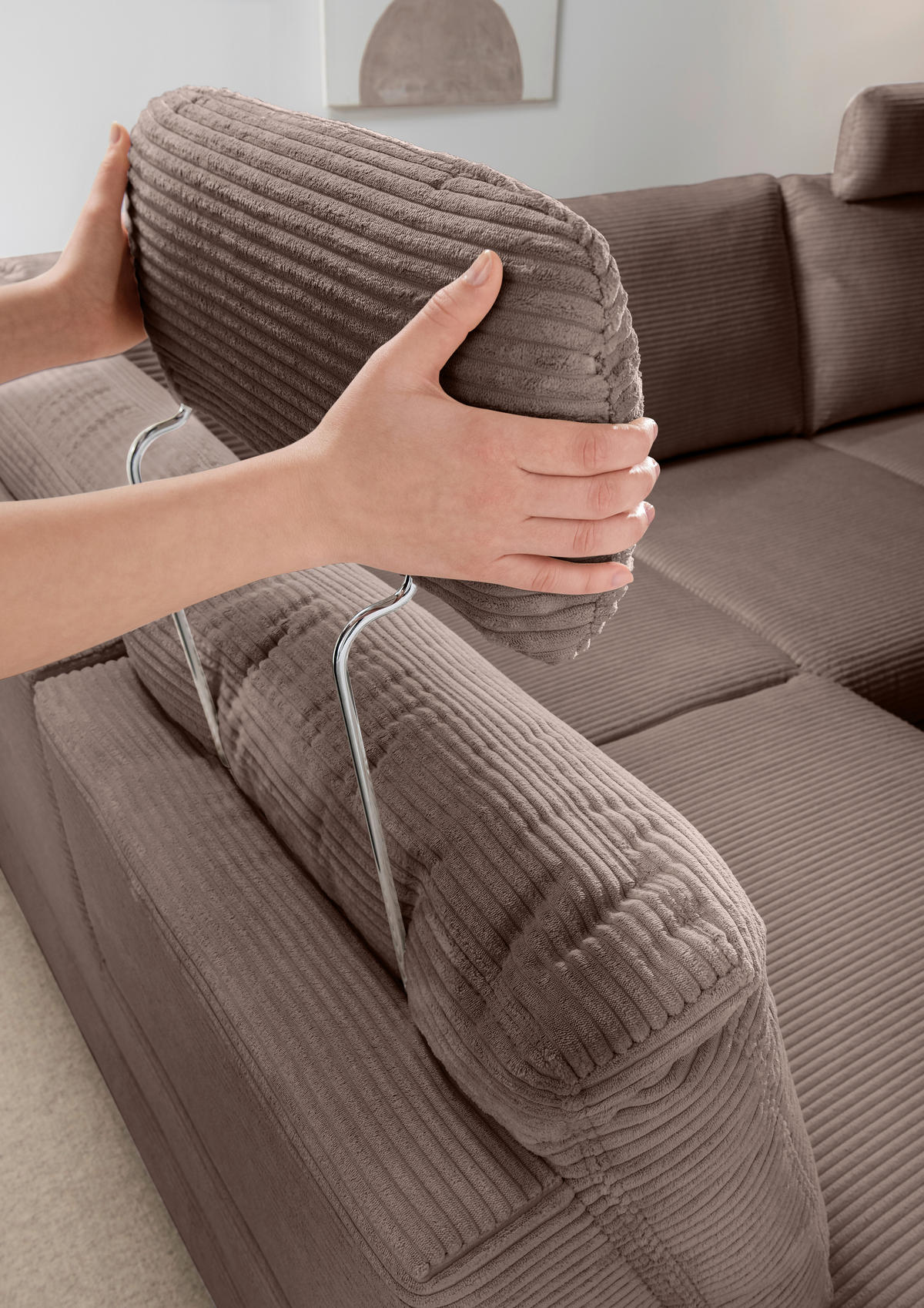 ECKSCHLAFSOFA  mit Liegefunktion, Rücken echt, Armteil links Cord Graubraun  - Wildeiche/Graubraun, MODERN, Holz/Textil (261/206cm) - Livetastic
