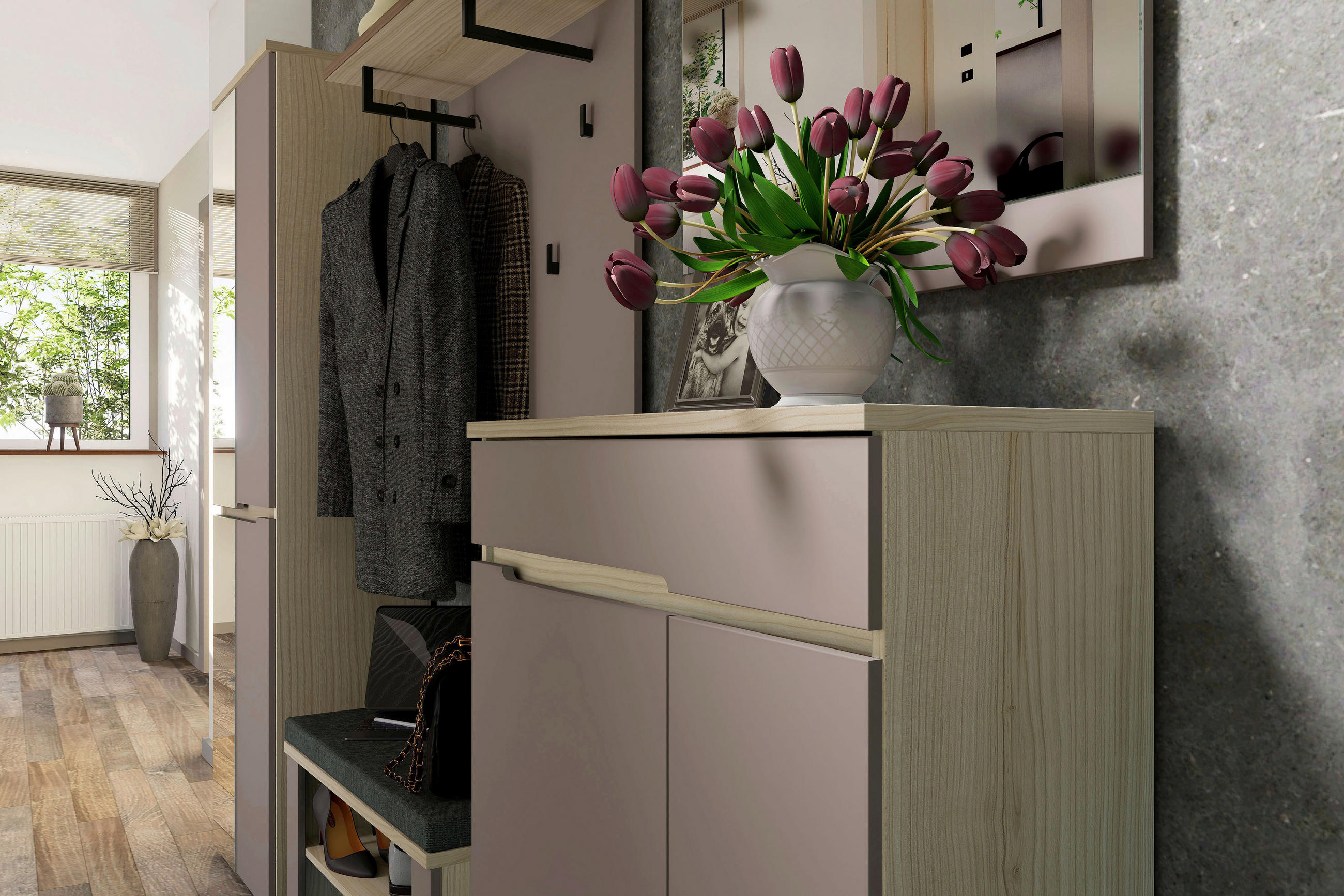 Thumbnail - Voleo Garderobe, Taupe, Eiche, Metall, Glas, Textil, Holzwerkstoff, 5-teilig, 245x192x38 cm, Garderobe, Garderoben-Sets ...