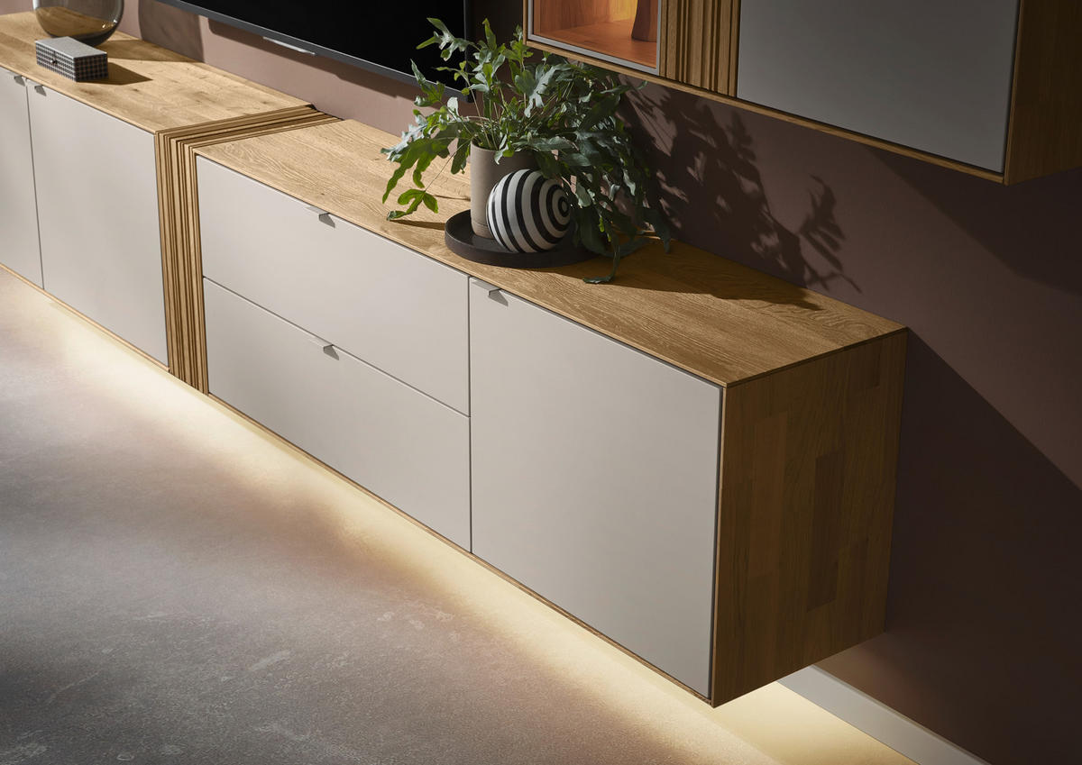 WOHNWAND  in Kaschmir, Wildeiche  333,4/179,3/37,1 cm    - Kaschmir/Wildeiche, Design, Glas/Holz (333,4/179,3/37,1cm) - Dieter Knoll
