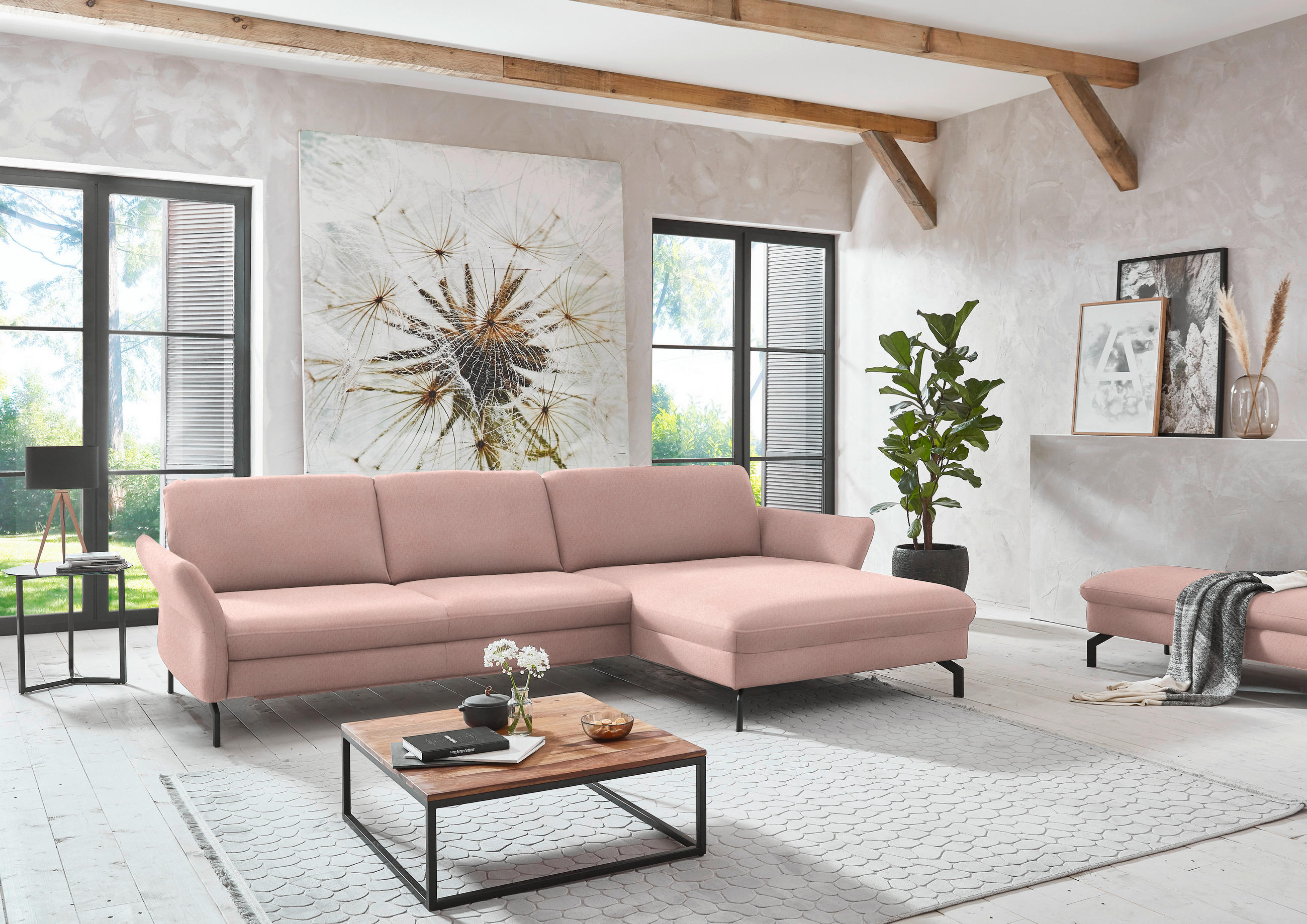 ECKSOFA in Velours Rosa  - Schwarz/Rosa, Design, Textil/Metall (306/179cm) - Beldomo System