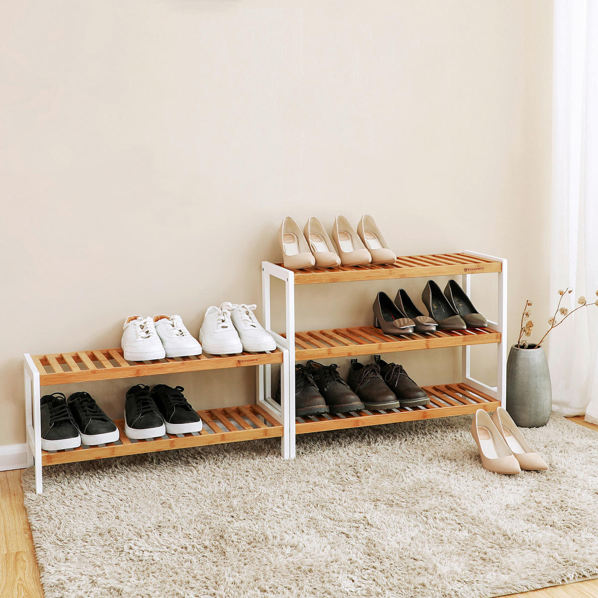 REGÁL NA BOTY, přírodní barvy, bílá, bambus, 70/55/26 cm - bílá/přírodní barvy, Trend, dřevo (70/55/26cm) - Boxxx