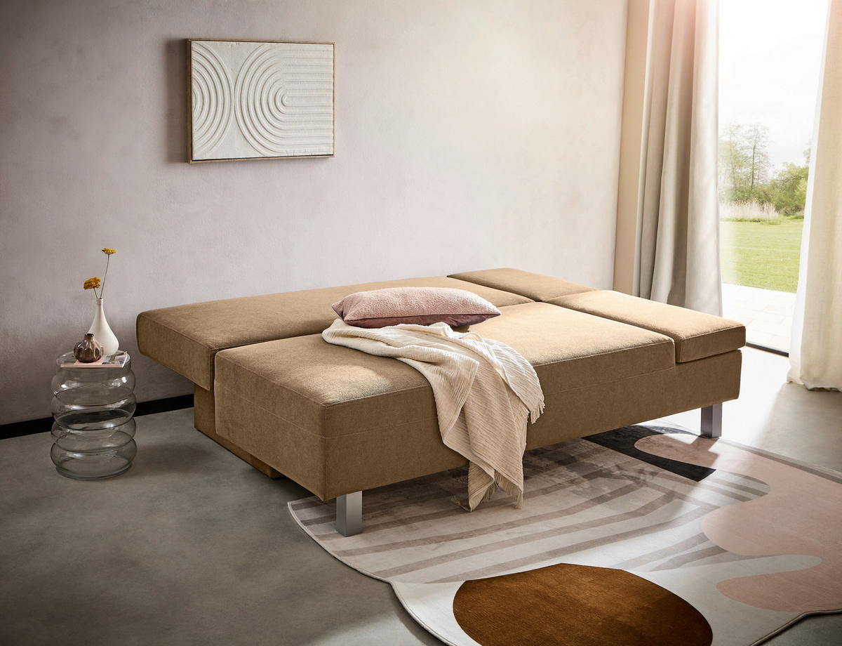 SCHLAFSOFA in Flachgewebe Hellbraun  - Chromfarben/Hellbraun, Design, Holz/Textil (205/77-93/99cm) - Novel