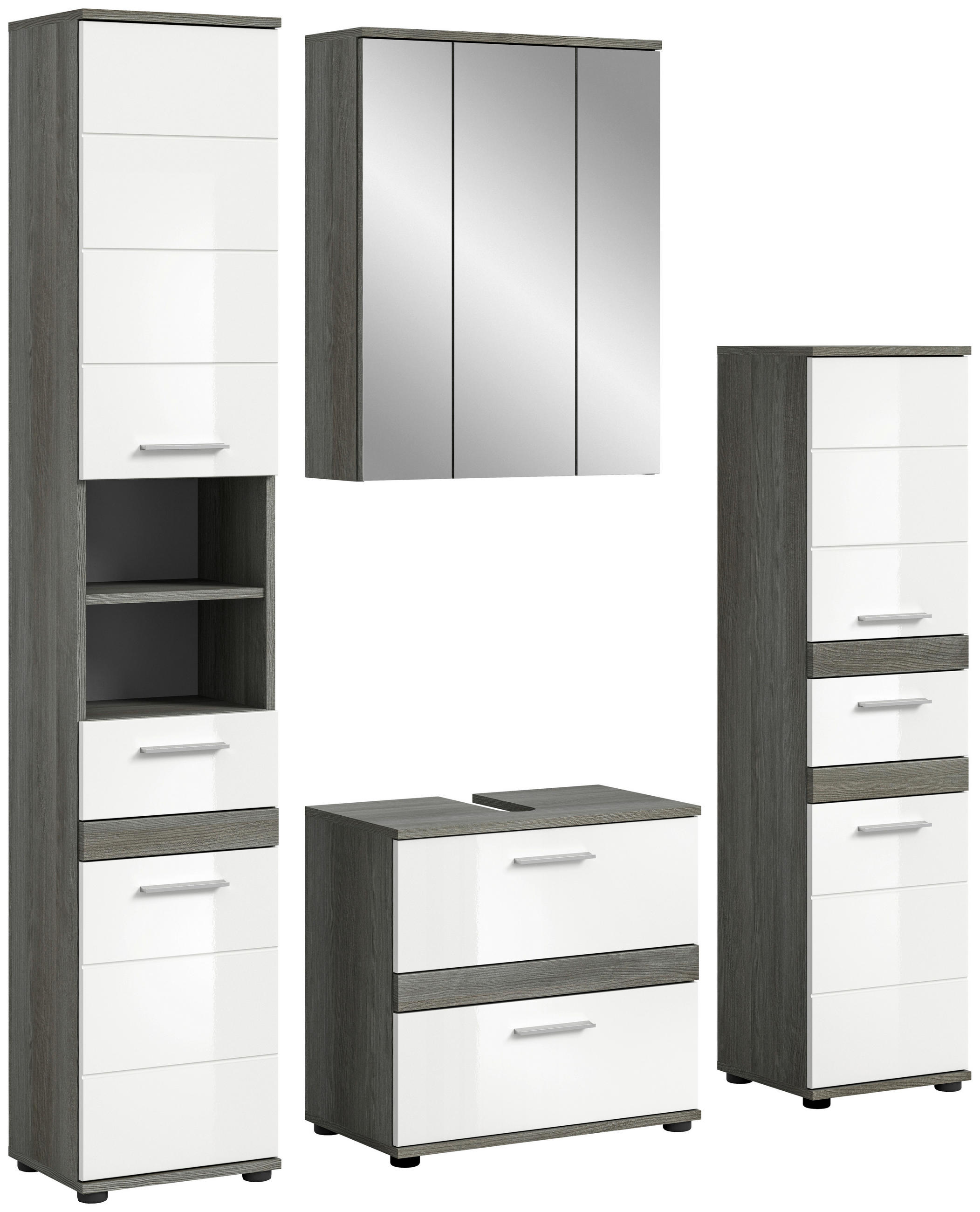 BADEZIMMER 4-teilig  in 150 cm  - Weiß Hochglanz/Silberfarben, MODERN, Glas/Holzwerkstoff (150cm) - MID.YOU