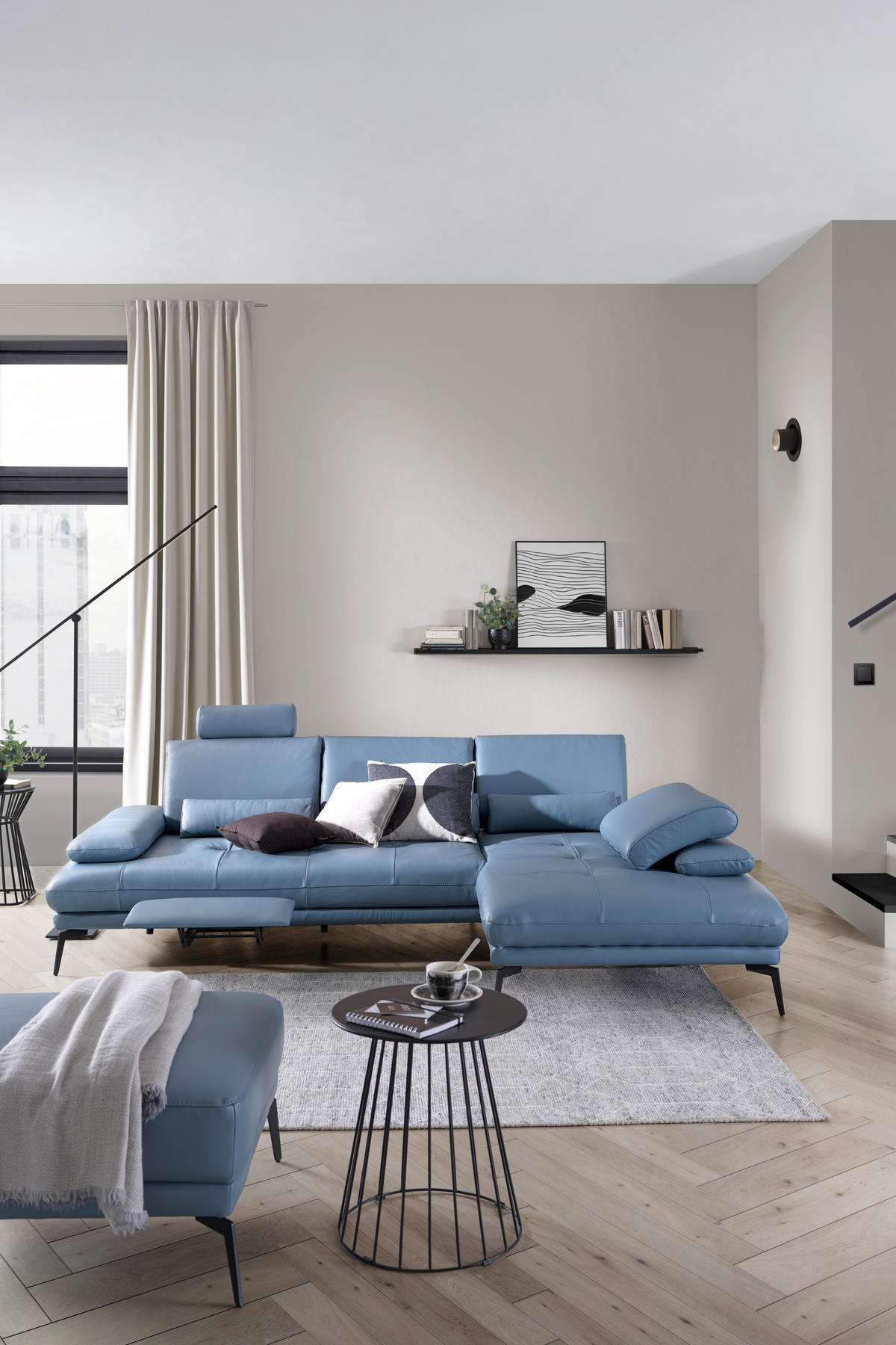 ECKSOFA in Echtleder Graublau  - Graublau/Schwarz, Design, Leder/Metall (187/273cm) - Celina Home