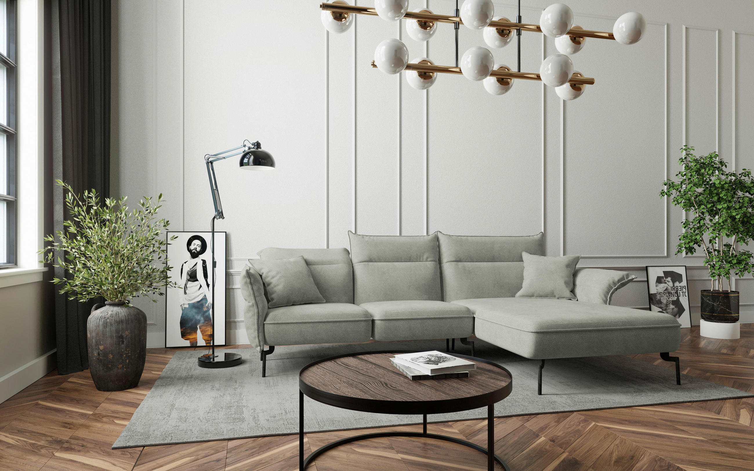 ECKSOFA in Flachgewebe Hellgrau  - Edelstahlfarben/Hellgrau, Design, Textil/Metall (265/185cm) - Livetastic