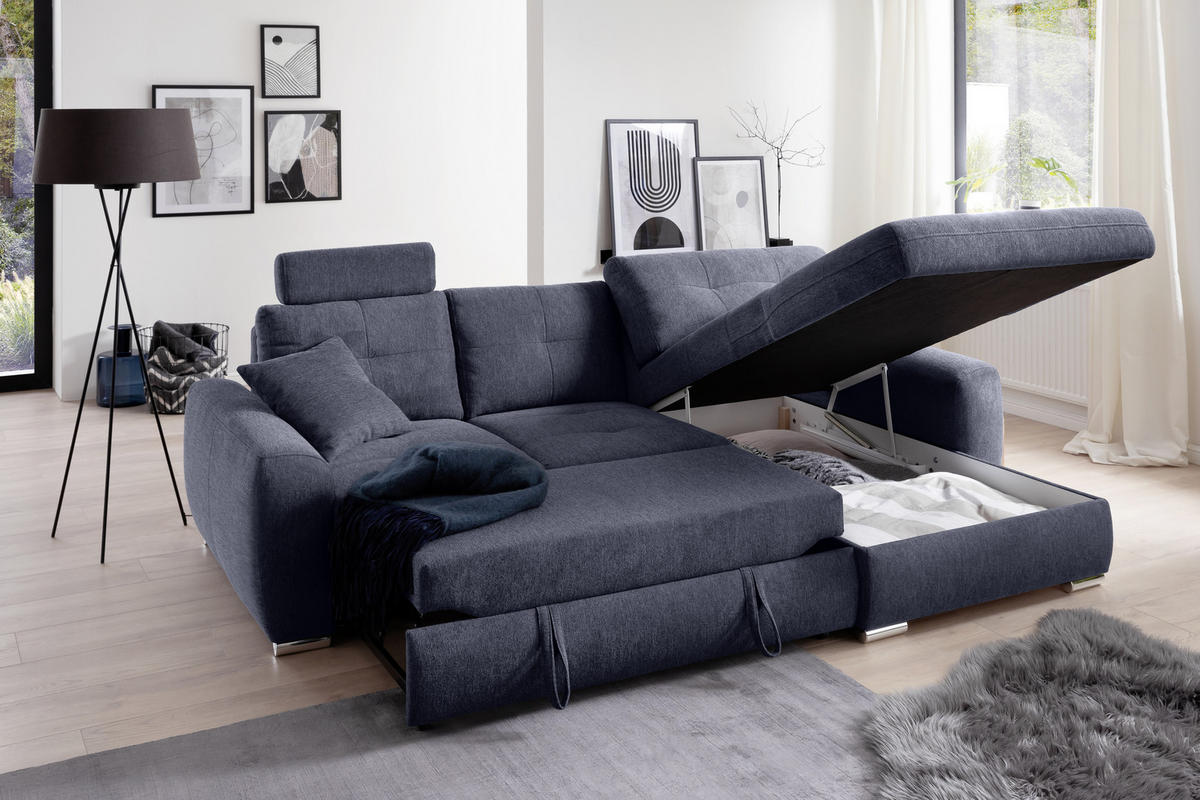 ECKSOFA in Mikrofaser Blau  - Chromfarben/Blau, Modern, Kunststoff/Textil (276/193cm) - Hom`in