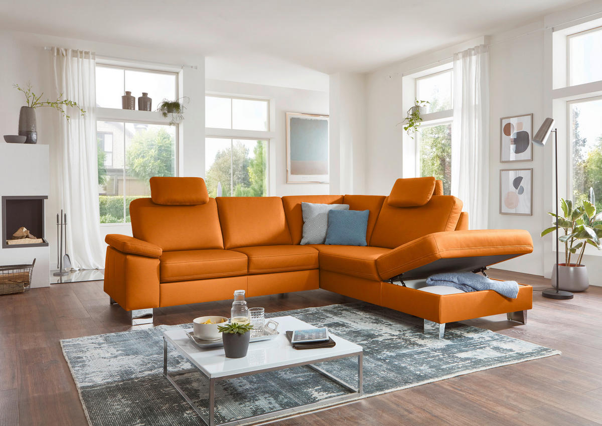 ECKSOFA  in Echtleder Orange  248/235 cm  - Beige/Alufarben, Design, Leder/Metall (248/235cm) - Beldomo Premium